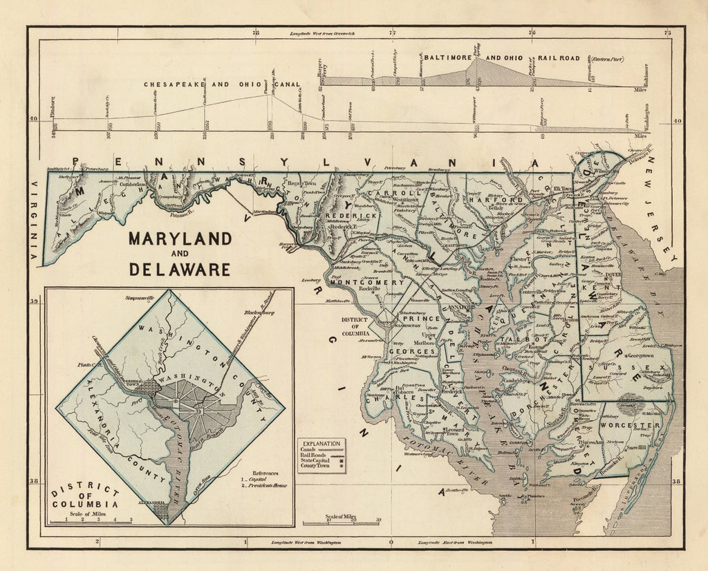 Vintage Map of Maryland & Delaware 1842