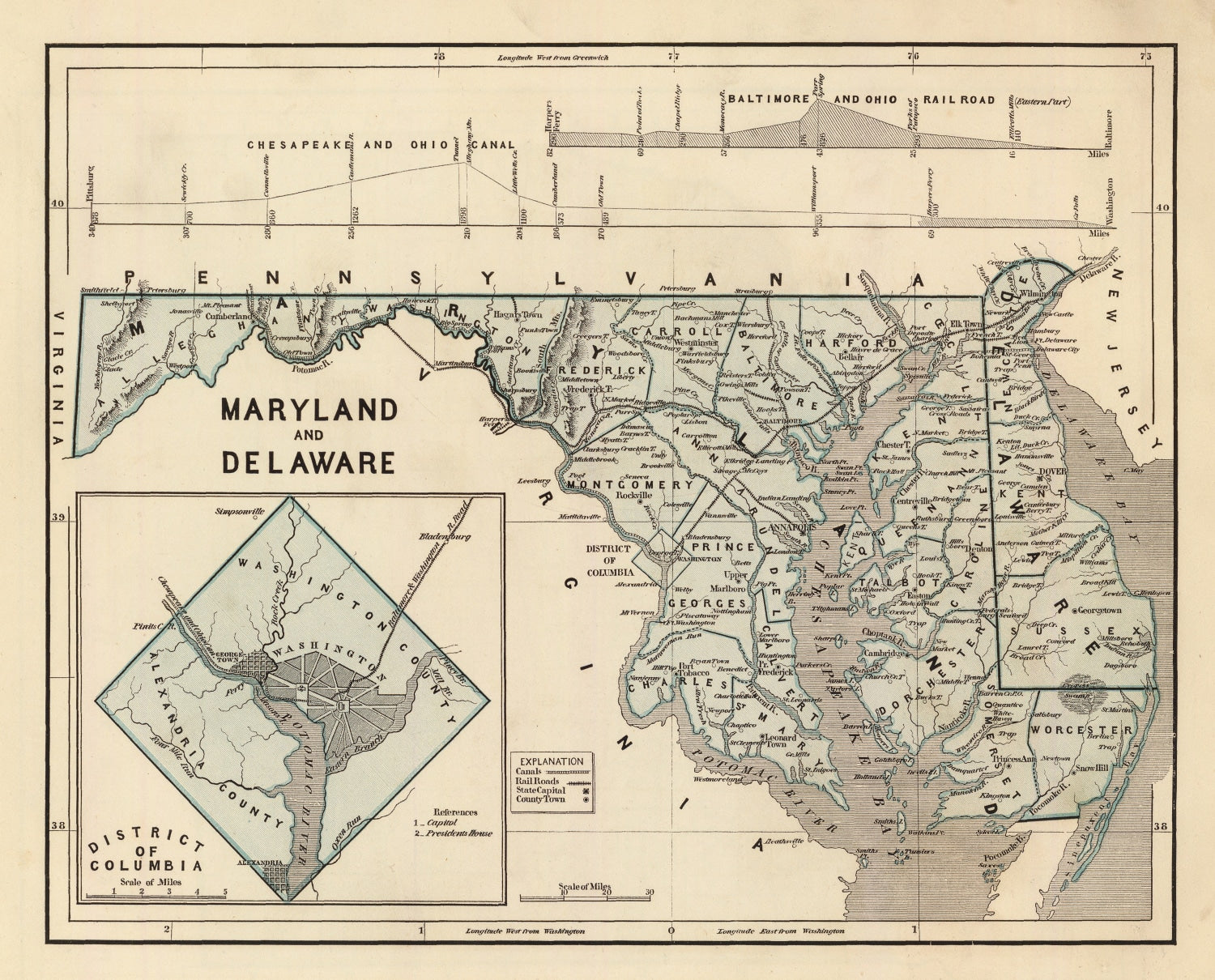 Vintage Map of Maryland & Delaware 1842