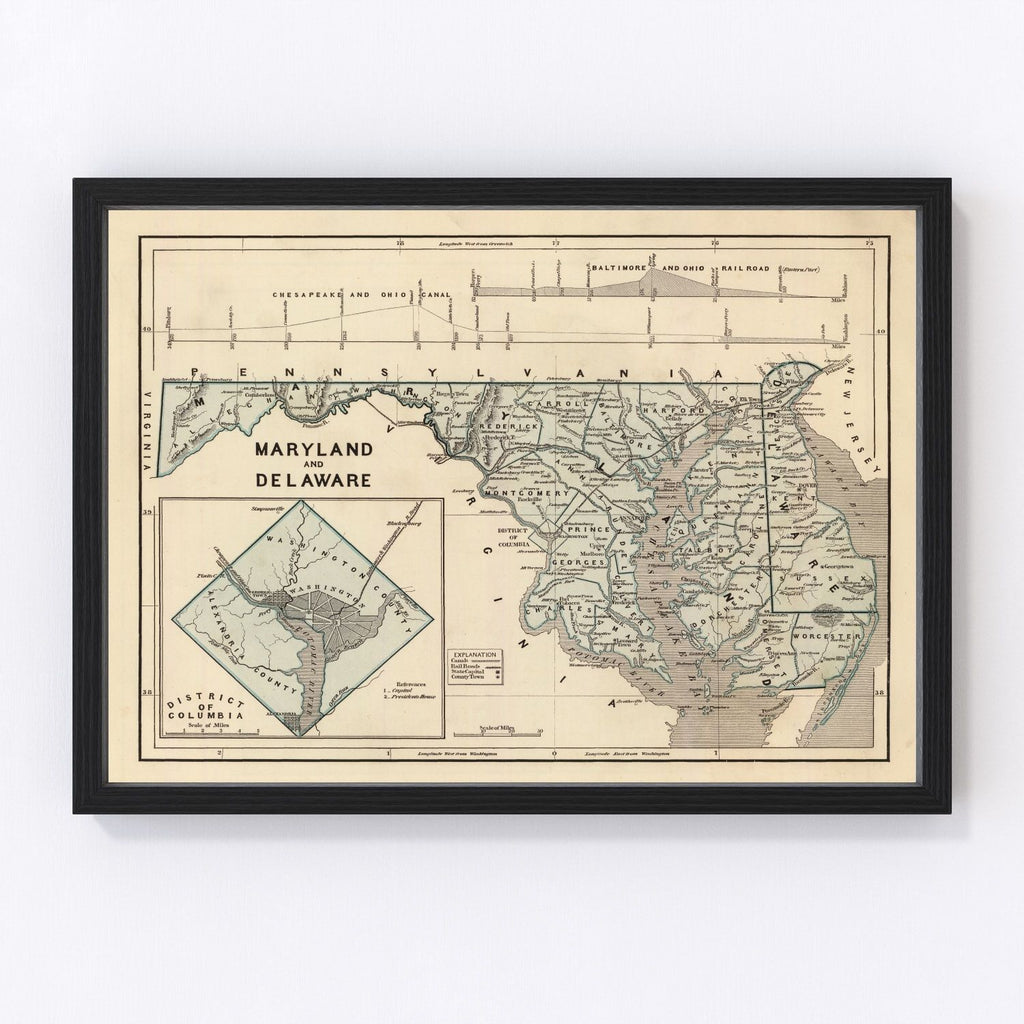 Vintage Map of Maryland & Delaware 1842