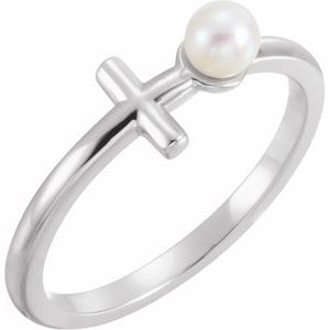 Platinum Cultured White Freshwater Pearl Sideways Cross Ring