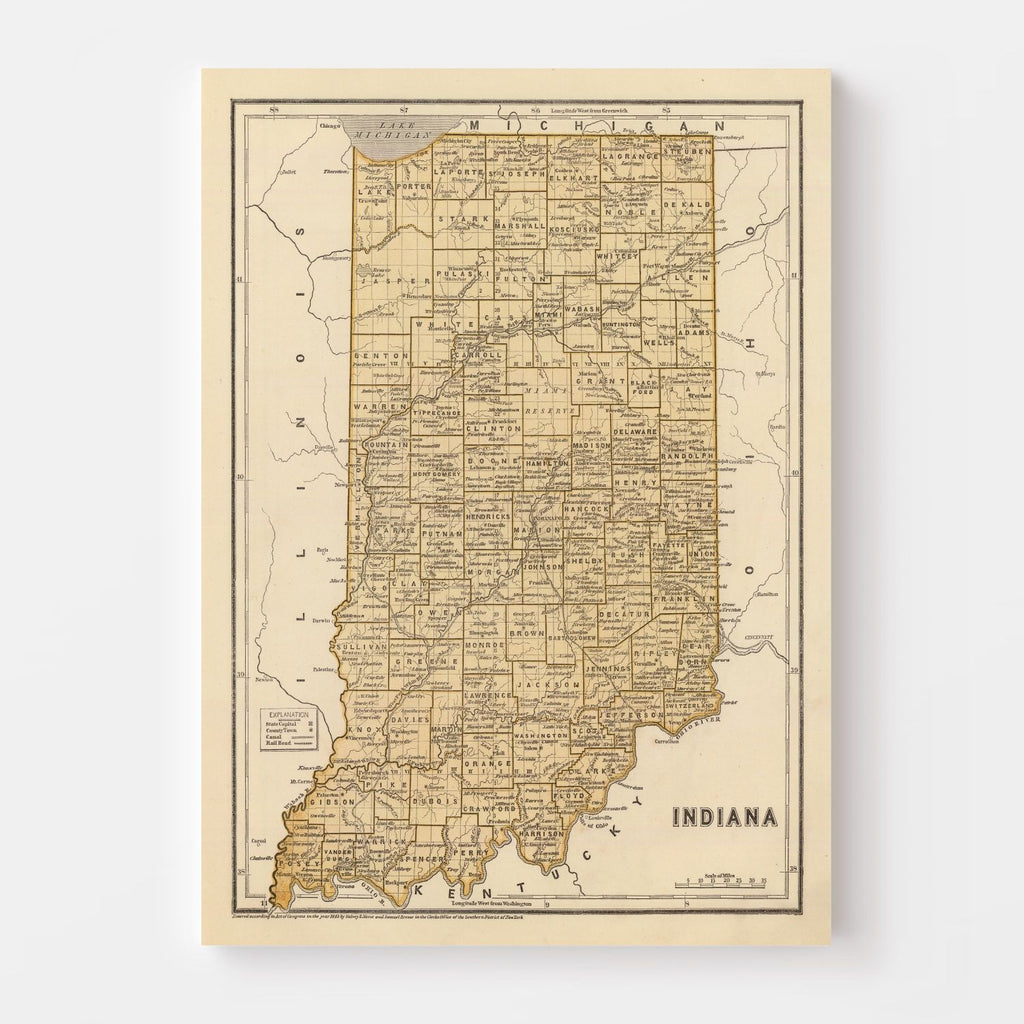 Vintage Map of Indiana 1842