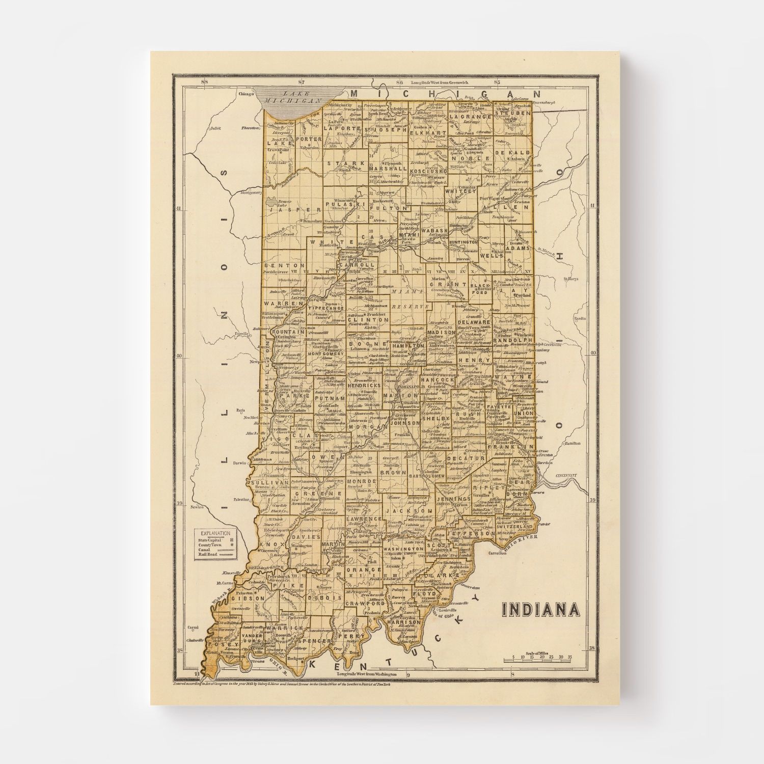 Vintage Map of Indiana 1842