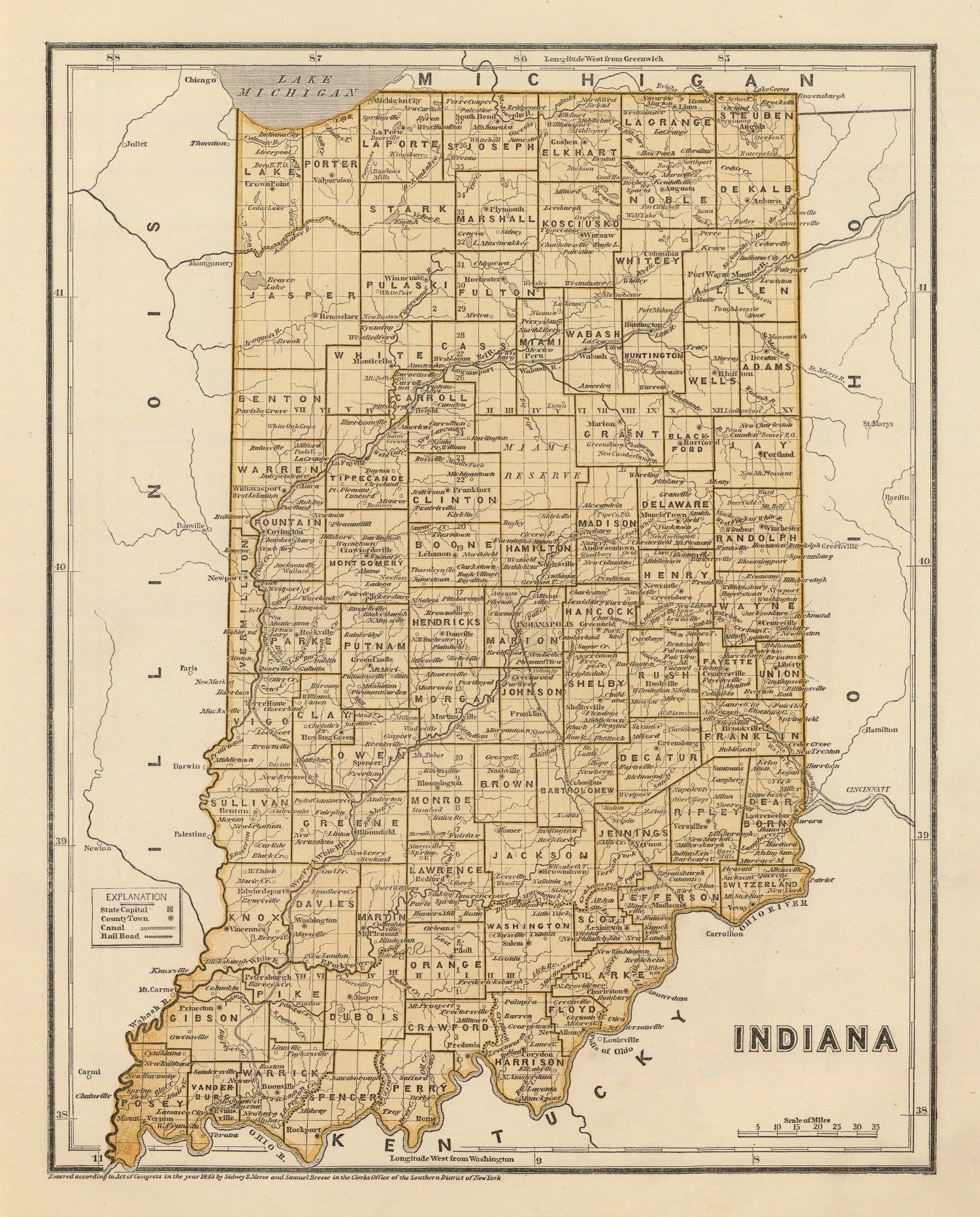Vintage Map of Indiana 1842