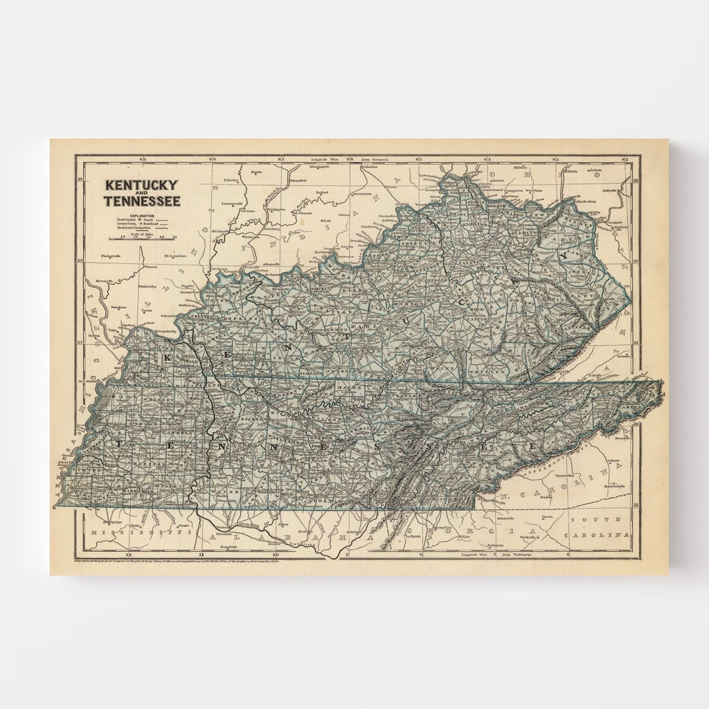 Vintage Map of Kentucky & Tennessee 1842
