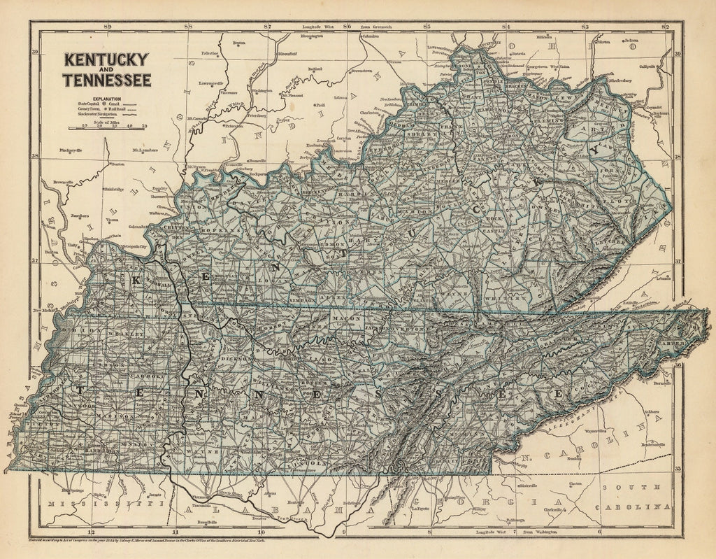 Vintage Map of Kentucky & Tennessee 1842