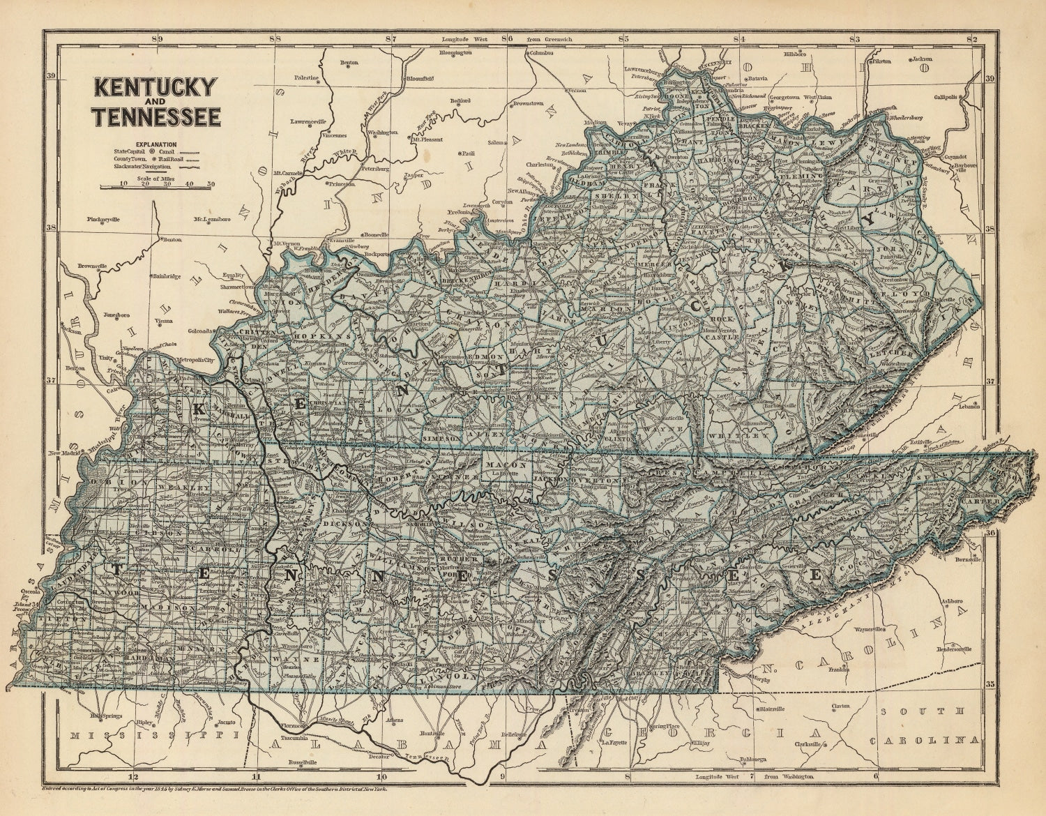 Vintage Map of Kentucky & Tennessee 1842