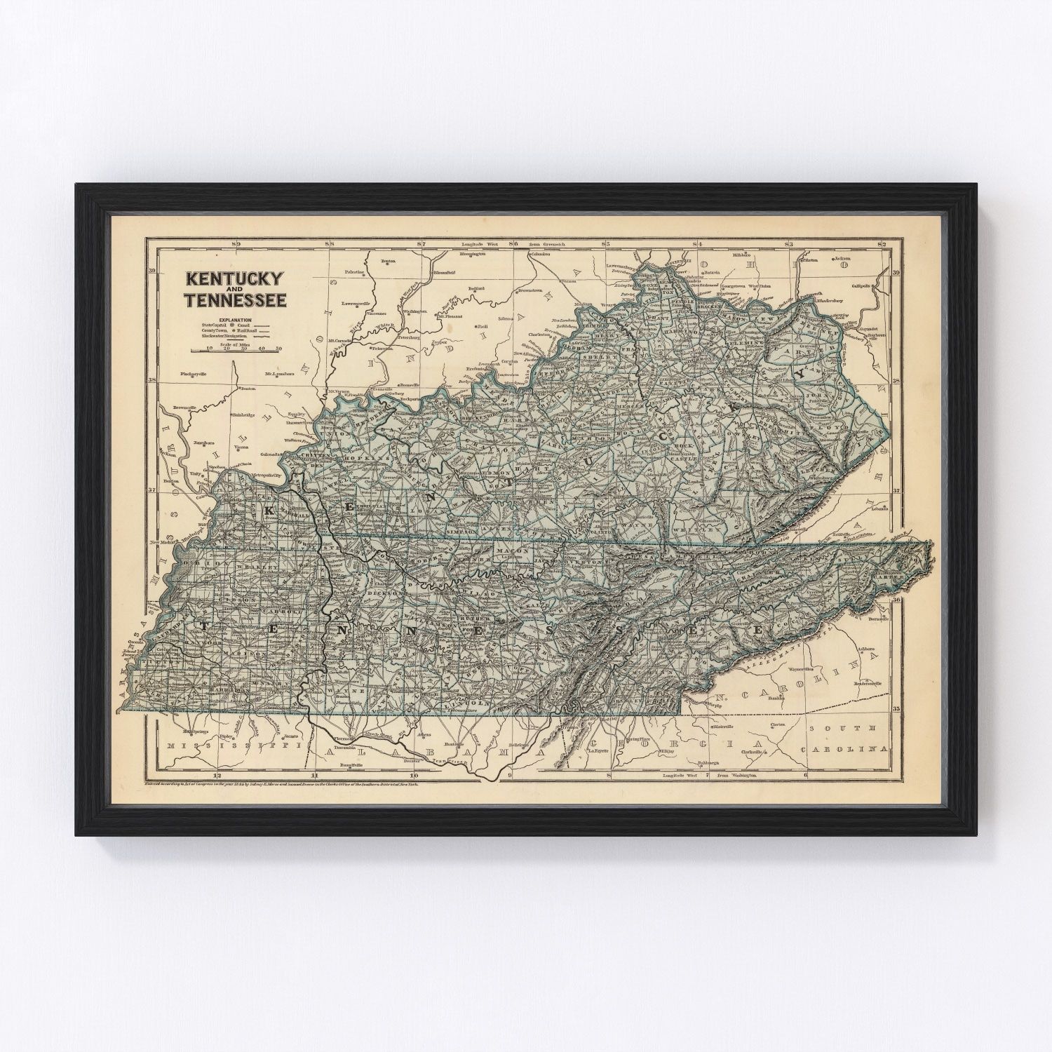 Vintage Map of Kentucky & Tennessee 1842