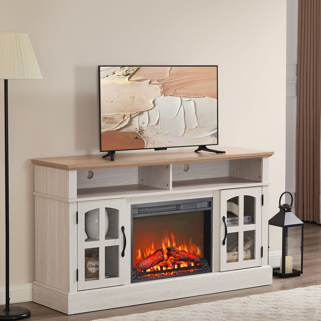 58' Fireplace TV Stand, Entertainment Center with 23' Electric Fireplace, TV Table for TVs up to 70 Inch, Media Console Cabinet with Storage and Glass Doors for Living Room