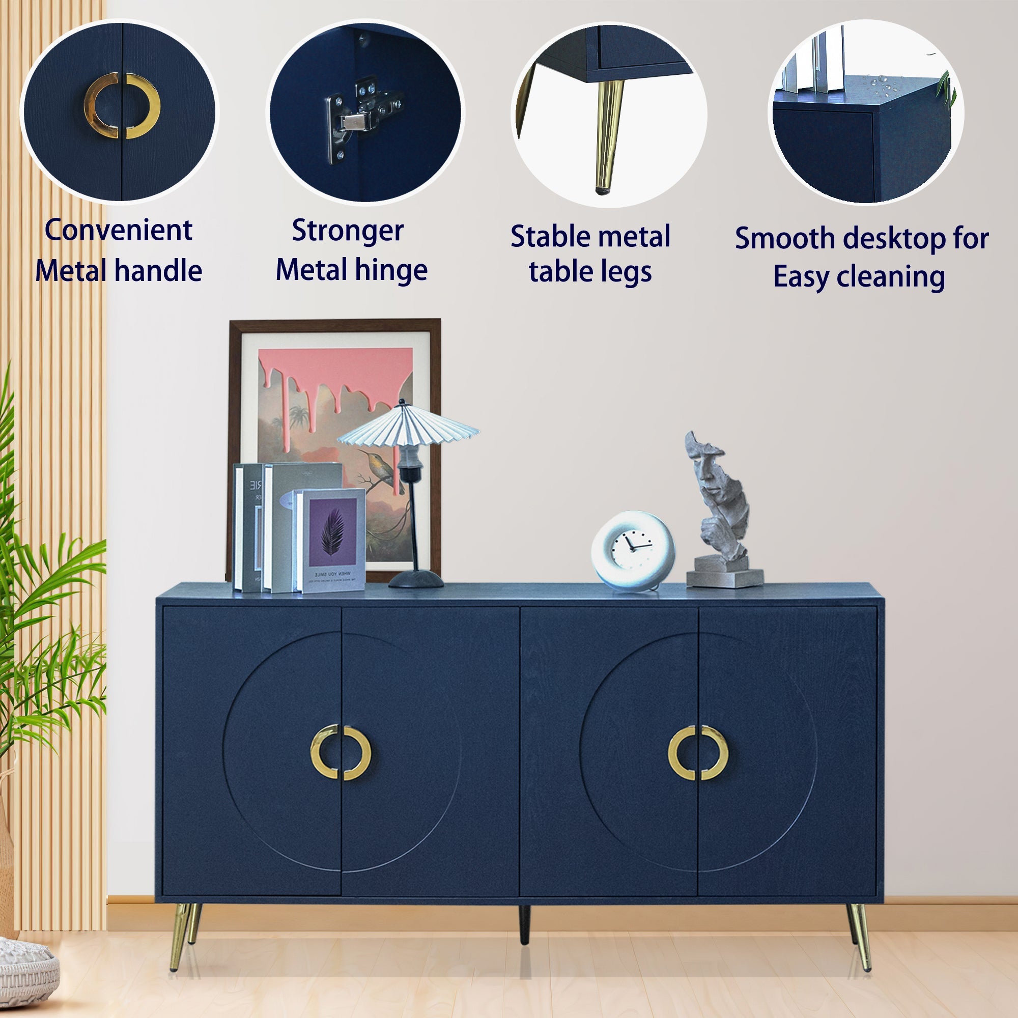 Modern Lacquered 4 Door Wooden Cabinet Sideboard Buffet Server Cabinet Storage Cabinet, for Living Room, Entryway, Hallway, Office, Kitchen and Dining Room, Navy Blue