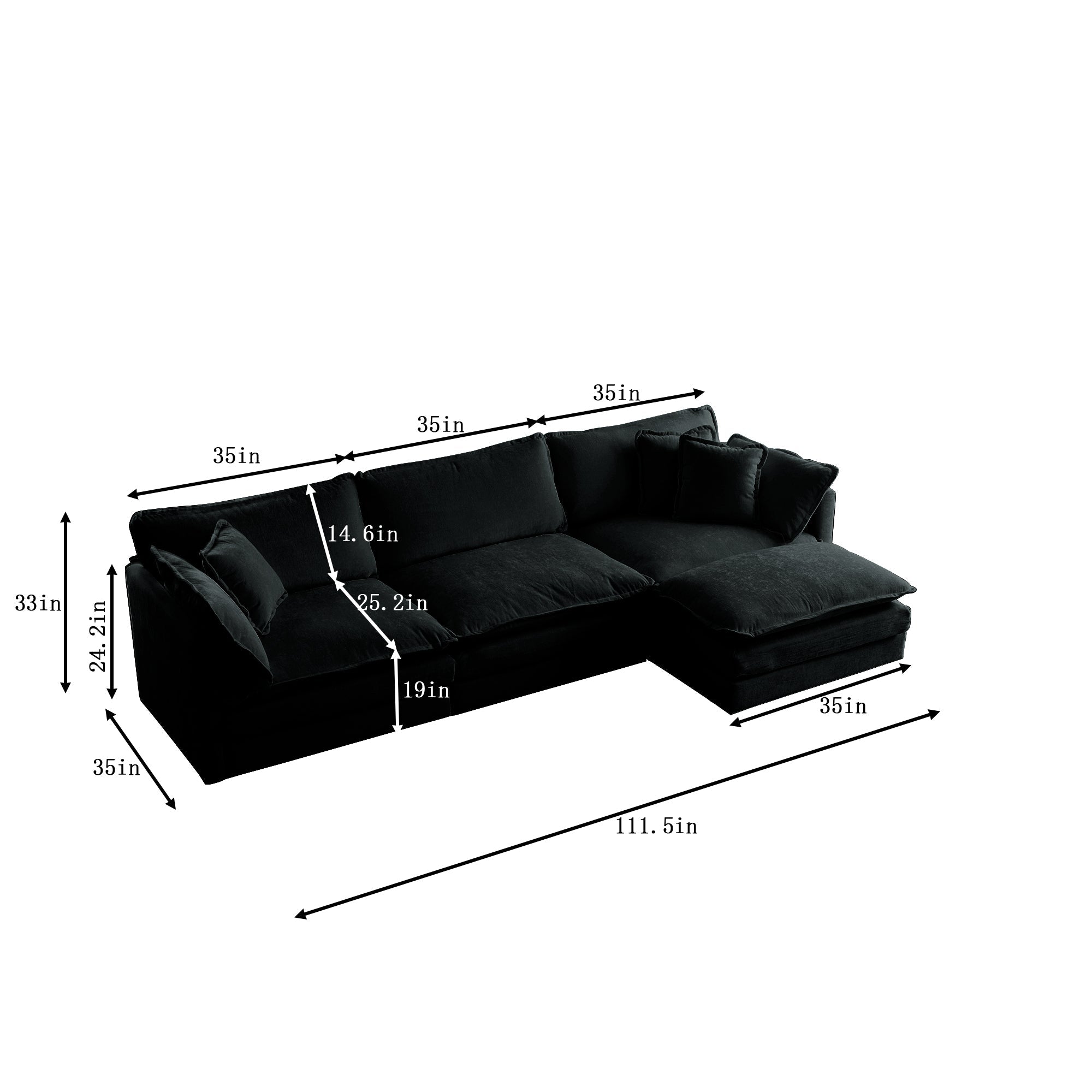 Free Combination Comfy Upholstery Modular Oversized L Shaped Sectional Sofa With Reversible Ottoman, Black Chenille
