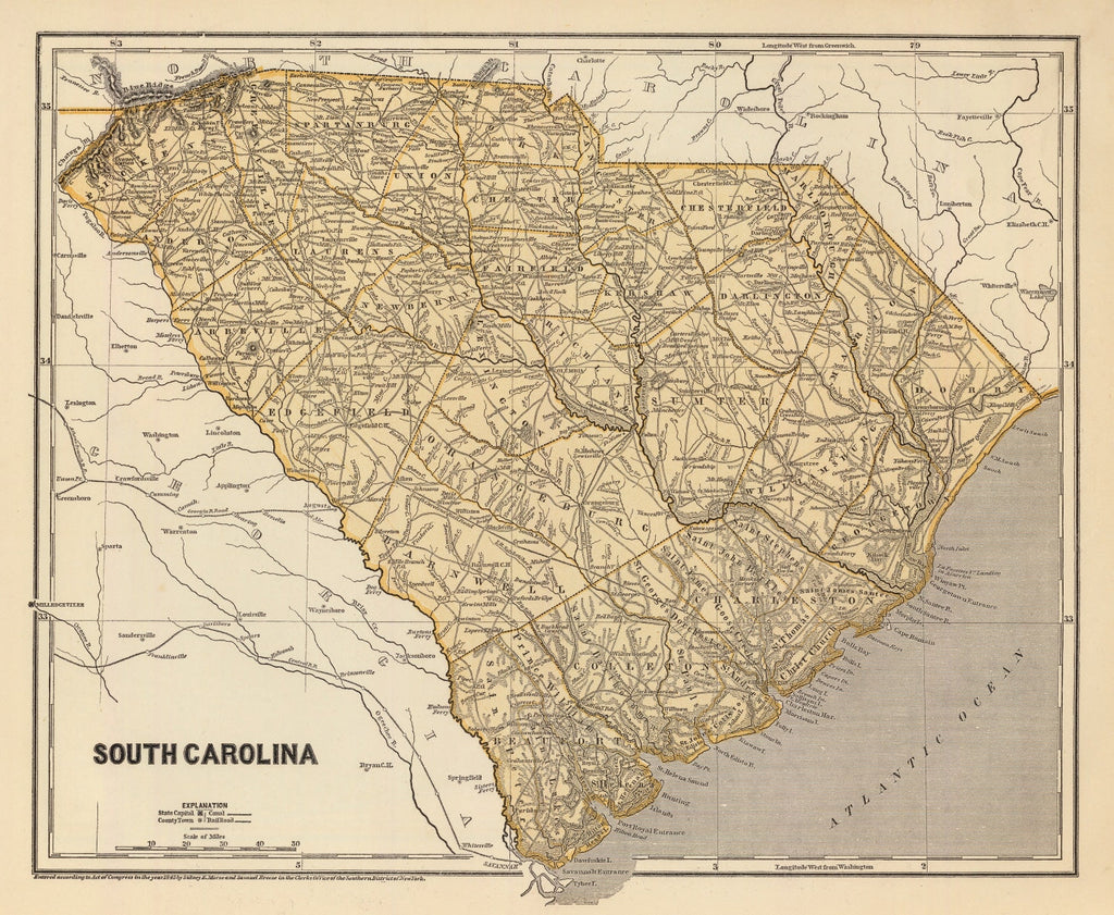 Vintage Map of South Carolina 1842