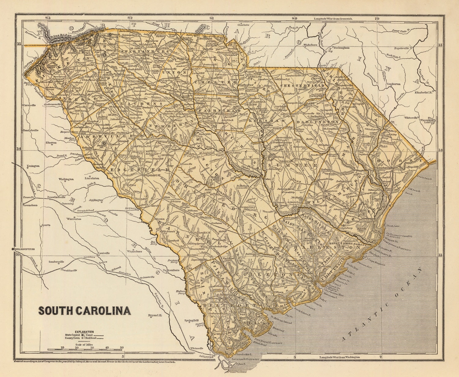 Vintage Map of South Carolina 1842