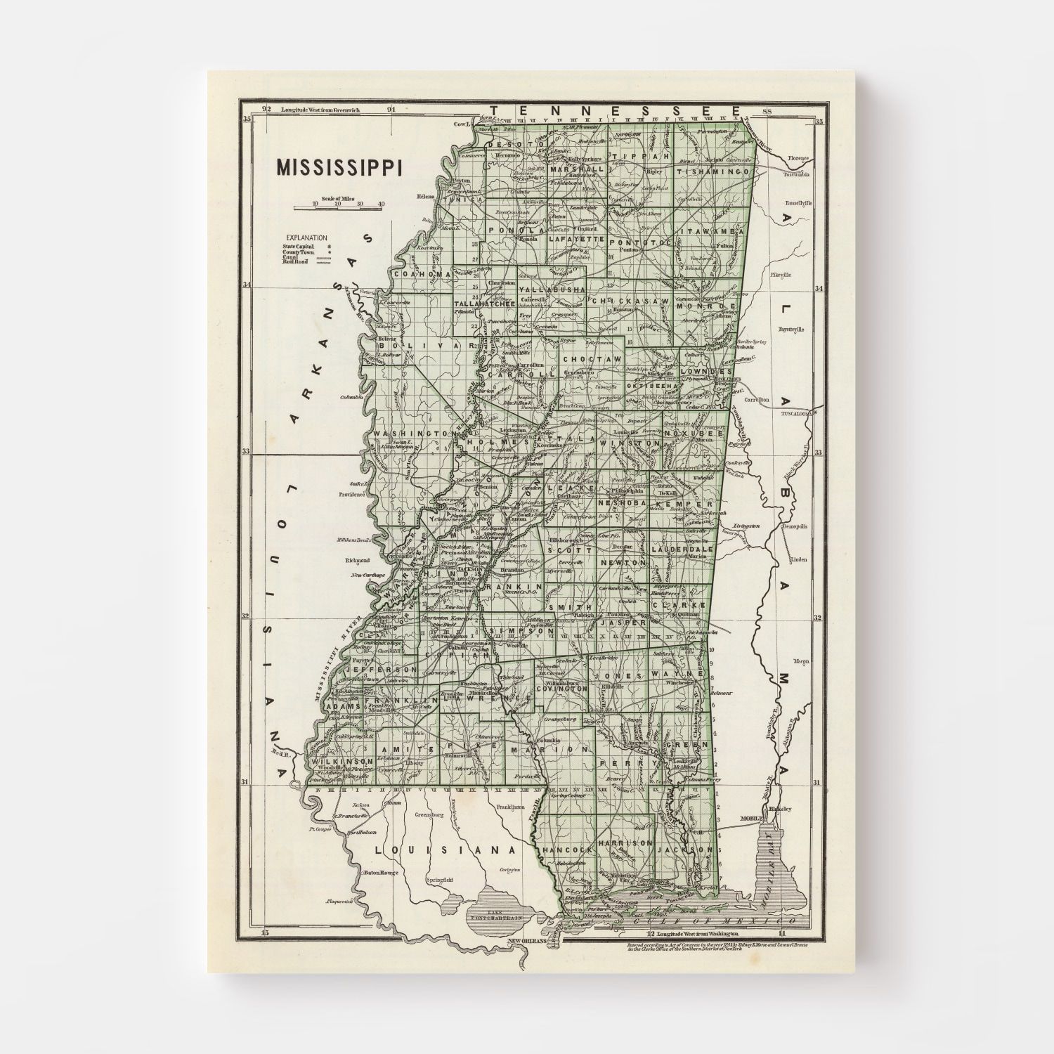 Vintage Map of Mississippi 1842