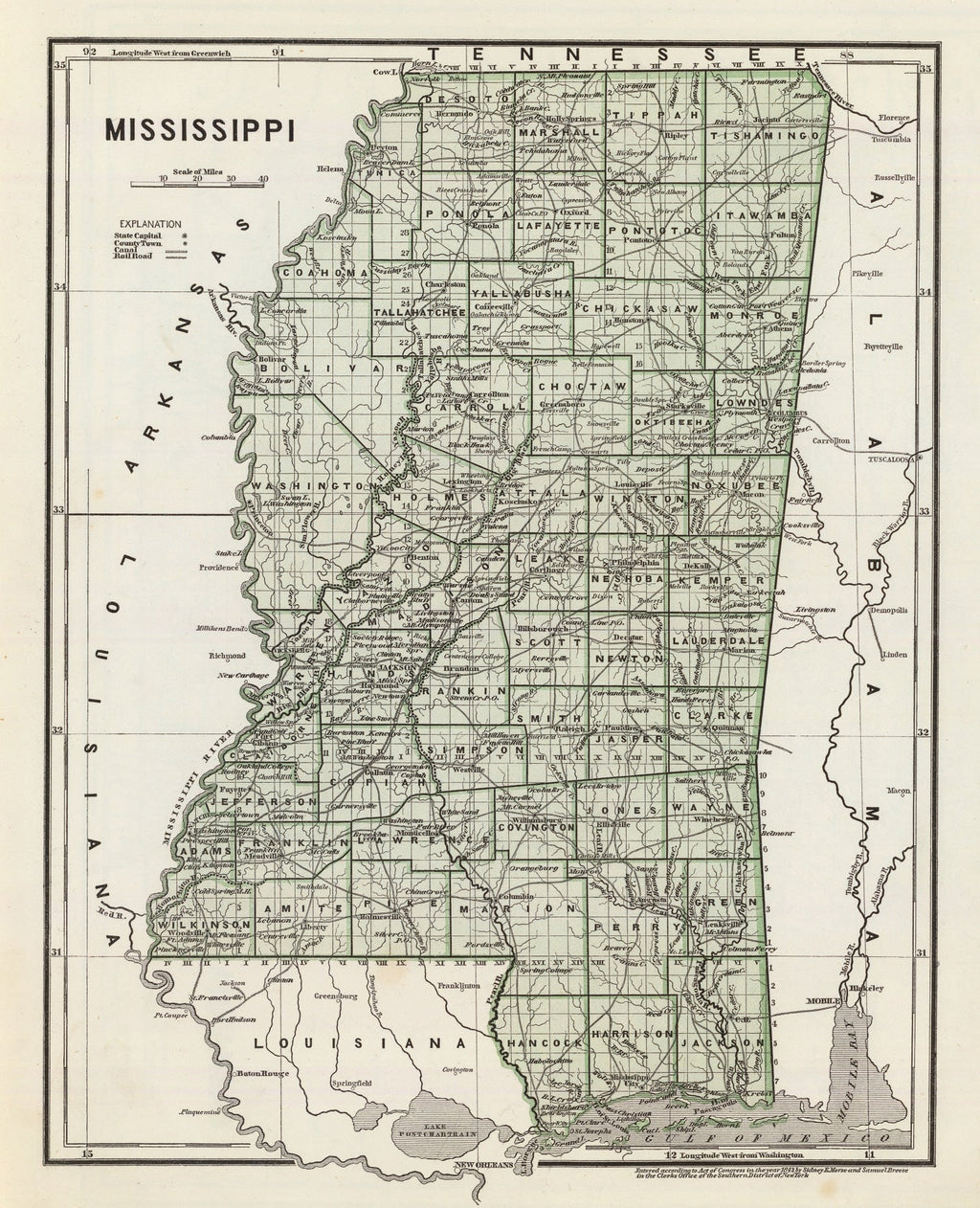 Vintage Map of Mississippi 1842