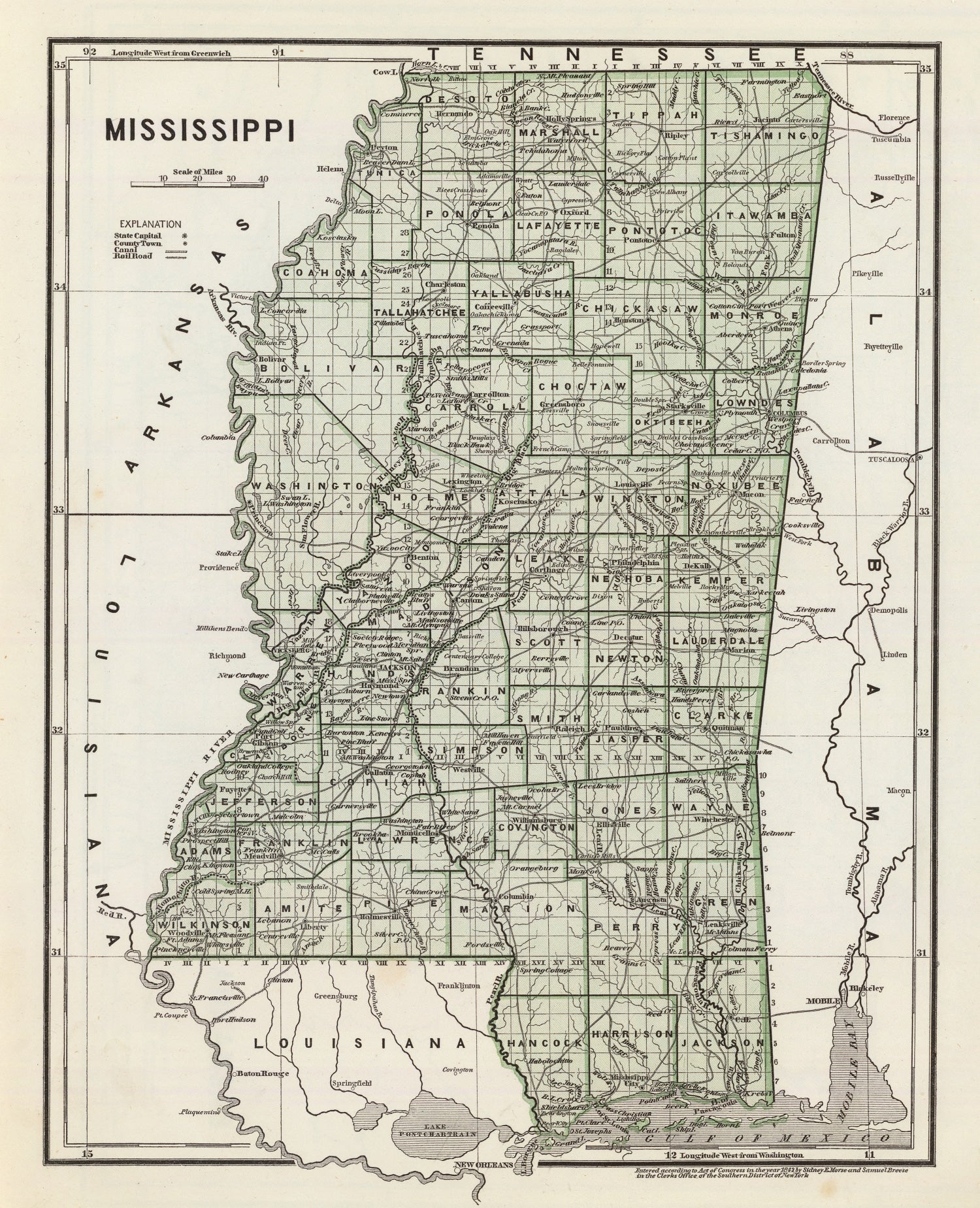 Vintage Map of Mississippi 1842