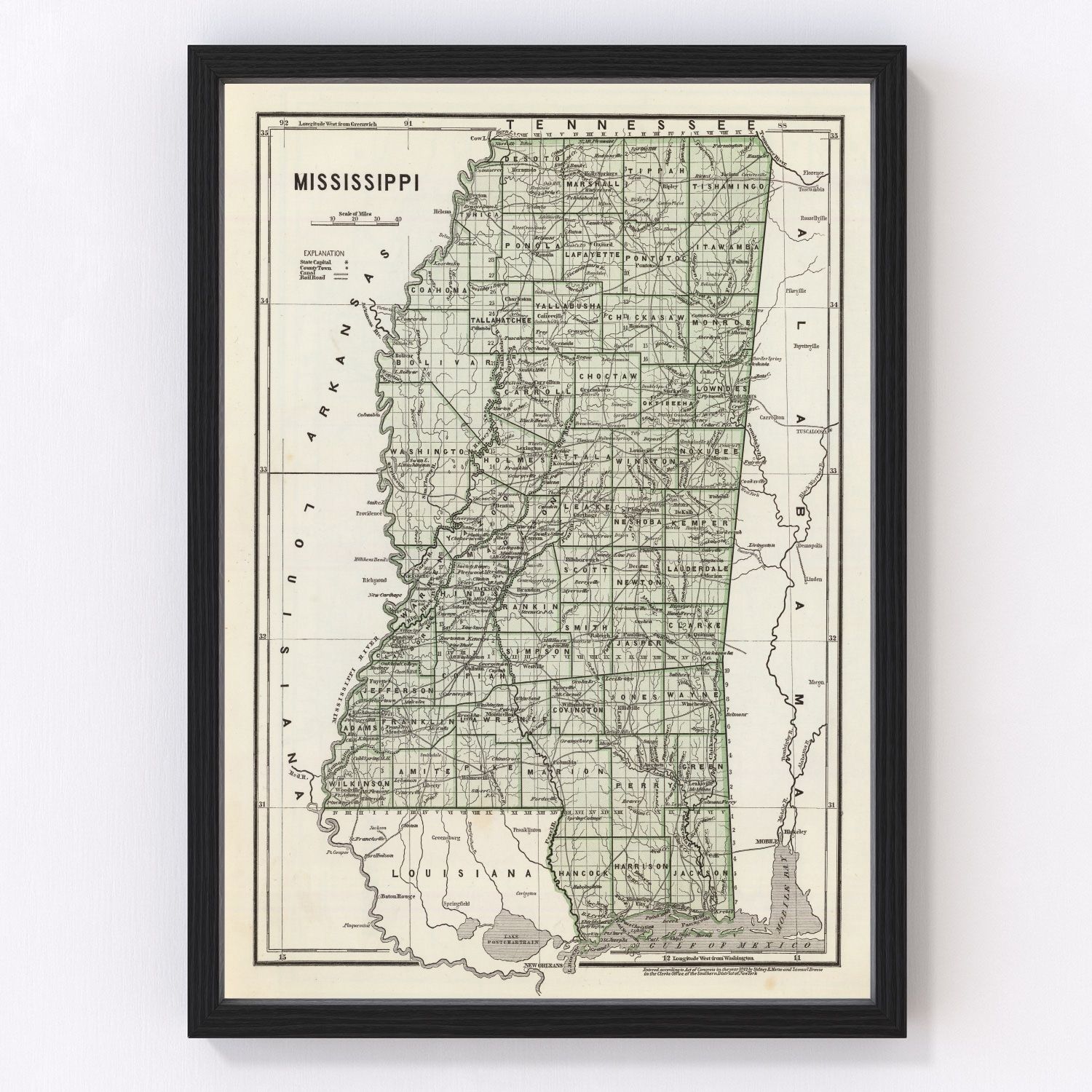 Vintage Map of Mississippi 1842