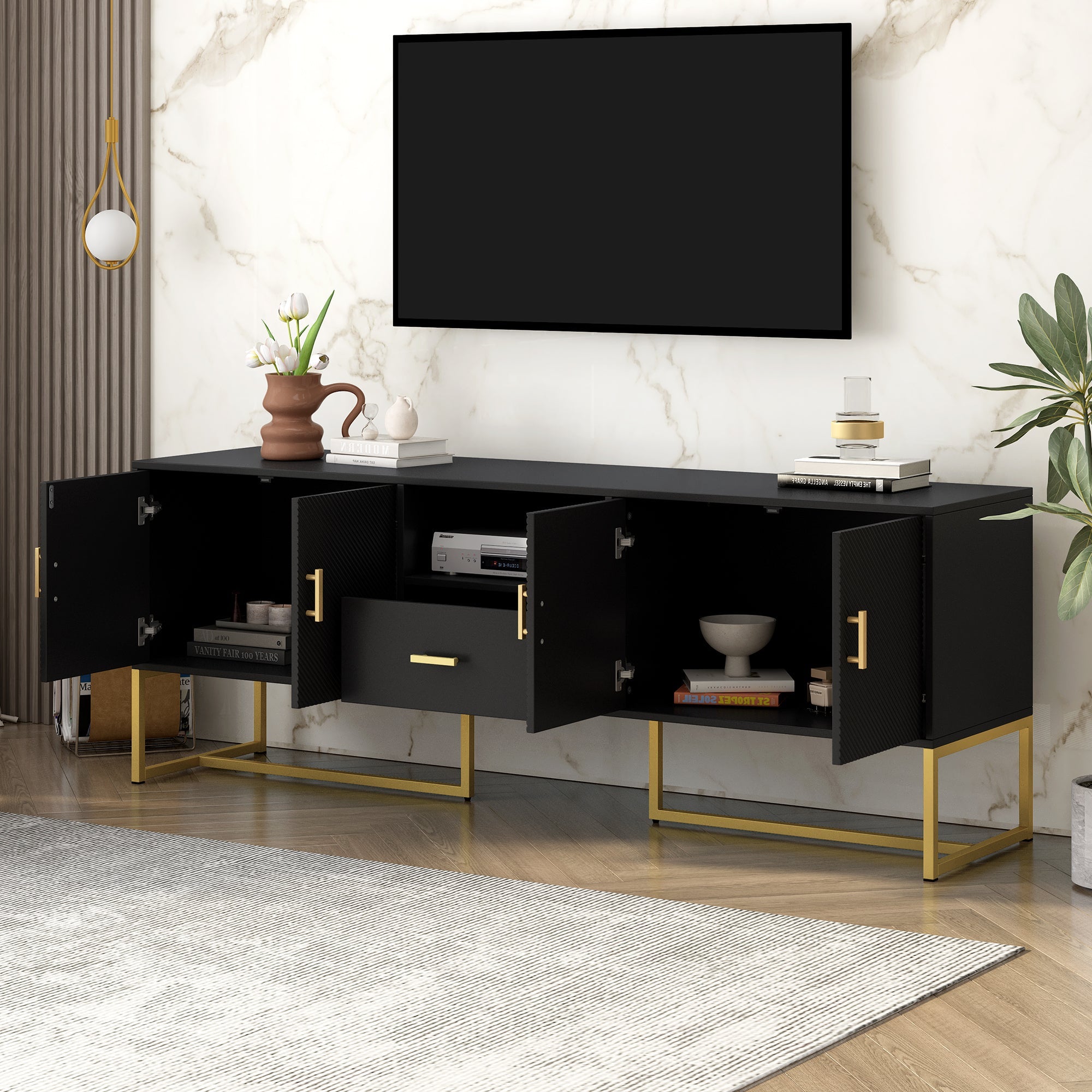 U-Can Modern TV Stand for TV up to 70 Inches,TV Cabinet with 1 Drawer, 2 Cabinets and Metal Legs, Handles and Anti-tip Device for Living room