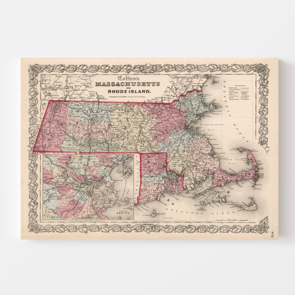 Vintage Map of Massachusetts & Rhode Island 1861