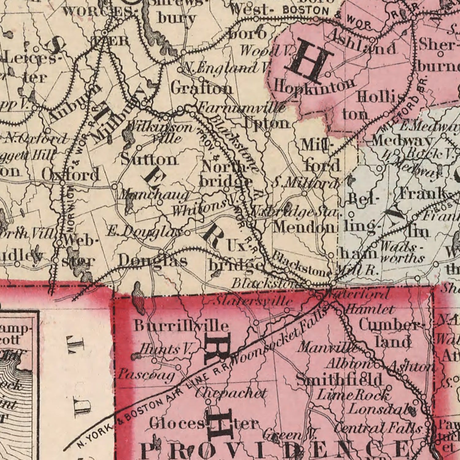 Vintage Map of Massachusetts & Rhode Island 1861