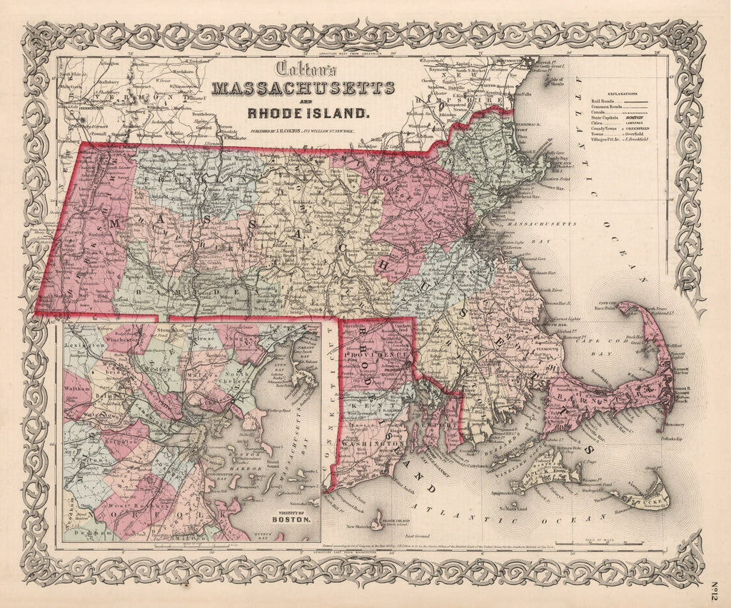 Vintage Map of Massachusetts & Rhode Island 1861