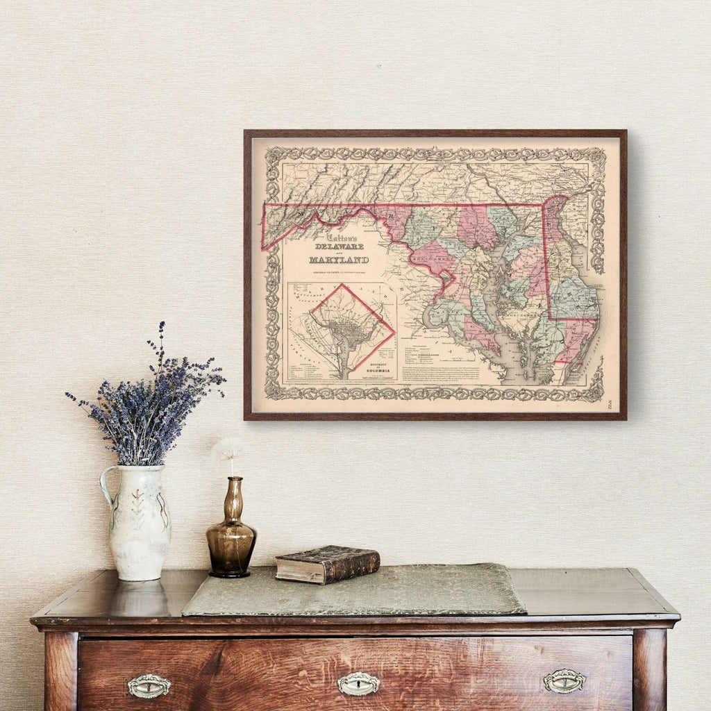 Vintage Map of Maryland & Delaware 1861
