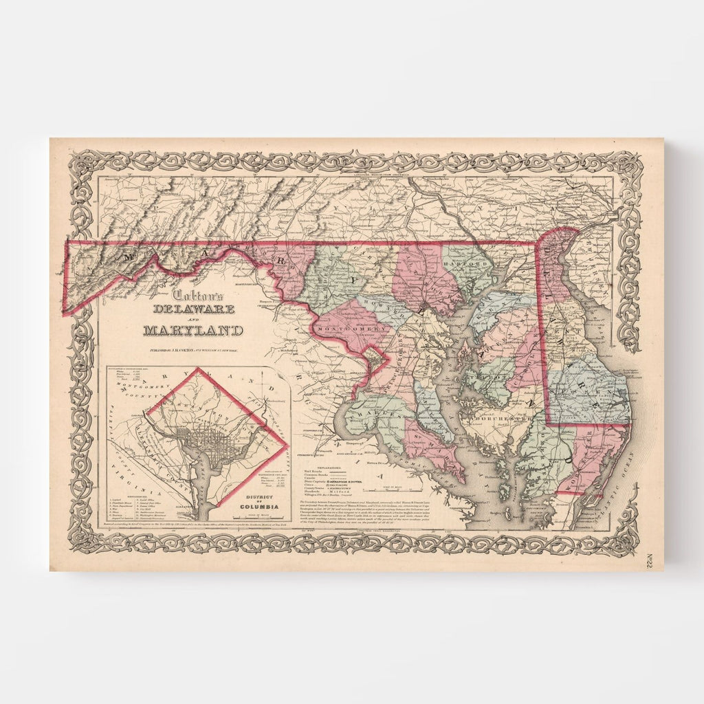 Vintage Map of Maryland & Delaware 1861