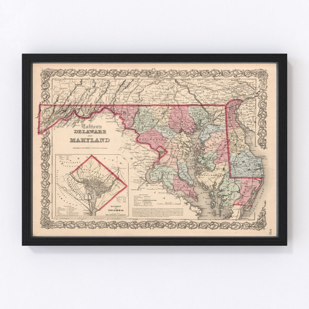 Vintage Map of Maryland & Delaware 1861