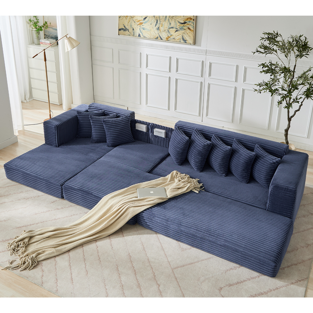 [NEW ARRIVED] [VIDEO PROVIDED]   Oversize Cloud Couch, L-Shape Sofa, Convertible Floor Sleeper Sofa Bed,  No Assembly ,Eight  pillows,3-in-1,Side Pocket,(Left Facing Sofa),3 Seat,Corduroy,Blue