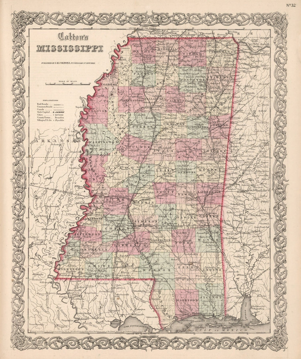 Vintage Map of Mississippi 1861