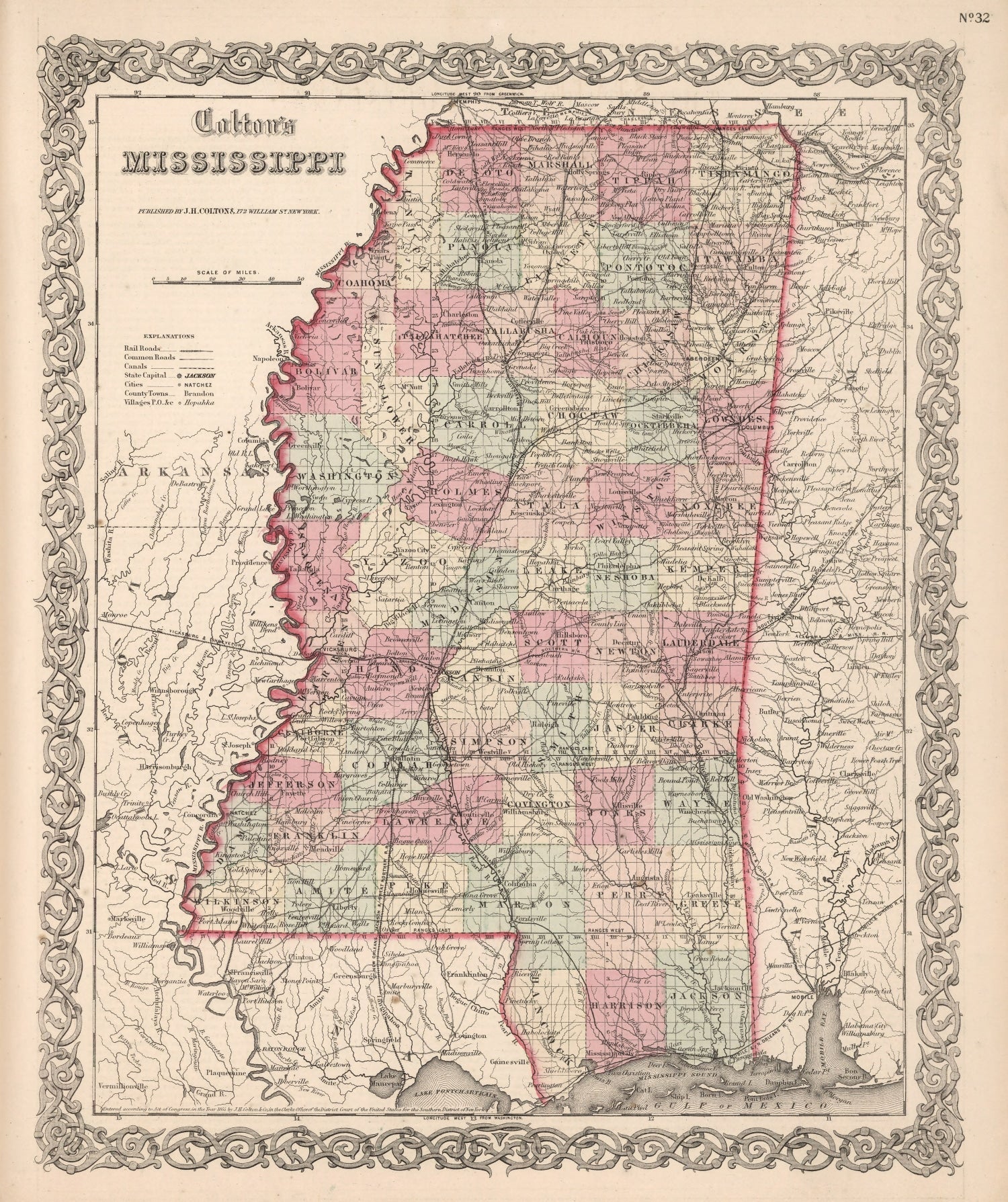 Vintage Map of Mississippi 1861