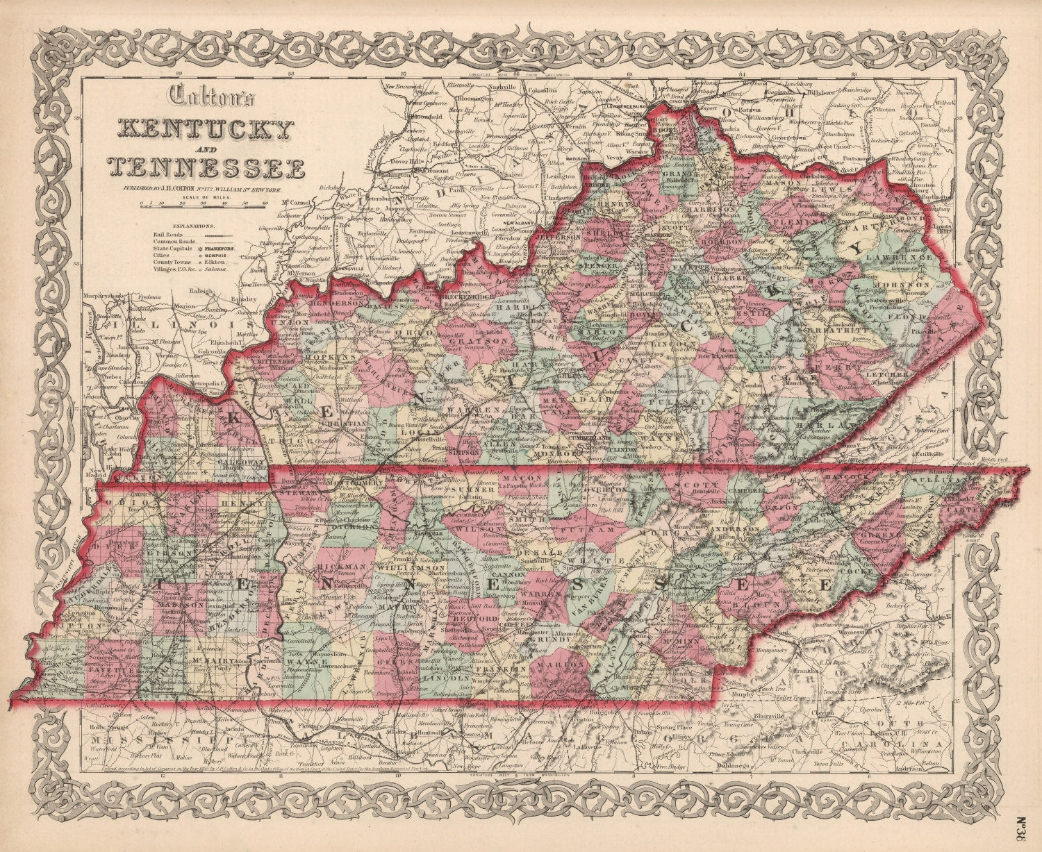 Vintage Map of Kentucky & Tennessee 1861