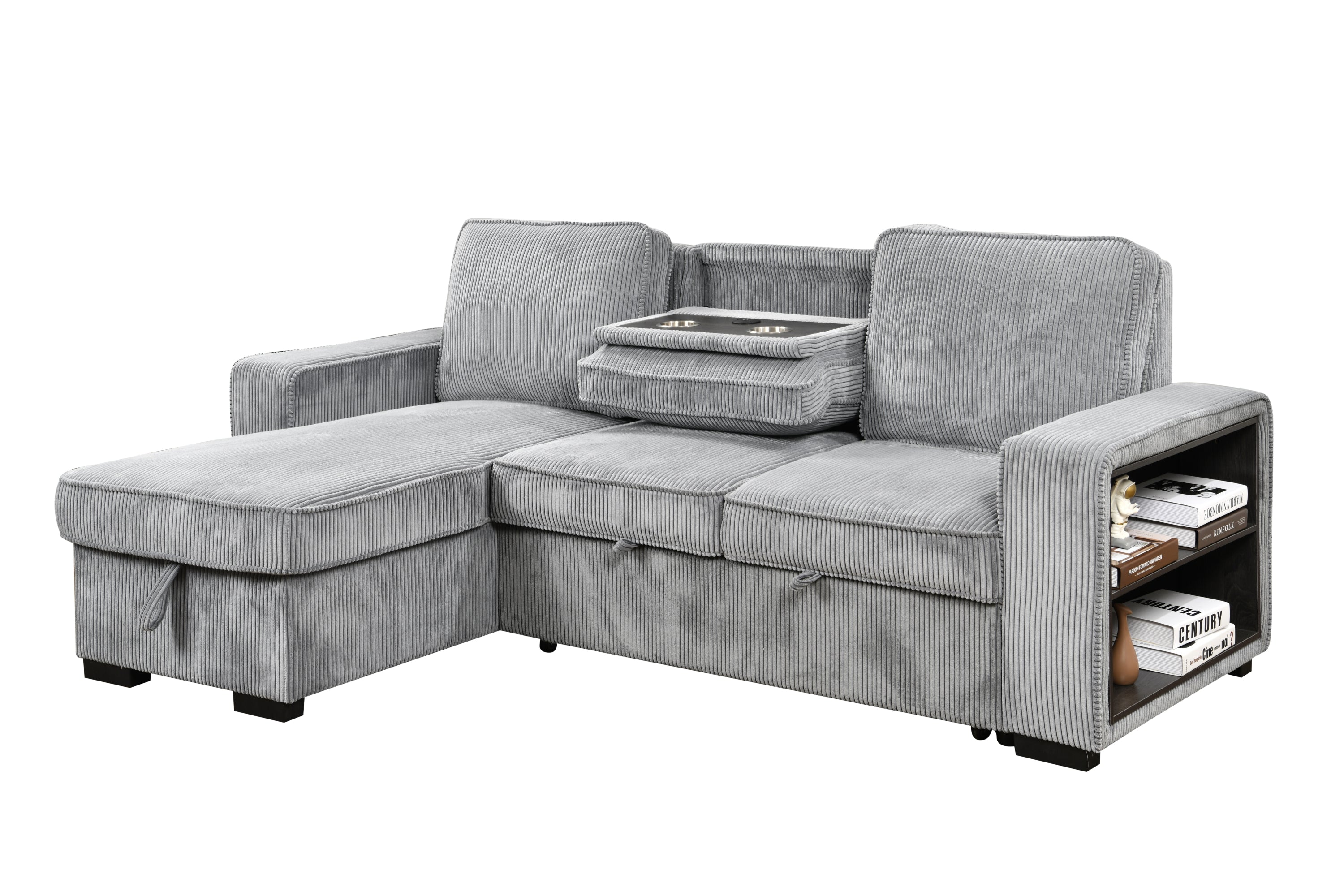 Modern Sofa L-Shaped Sectional Sofa Pull Out SofaBed Convertible Sleeper Sofa Bed with Storage Chaise & USB Port & Cup Holder for Living Room - Light Gray