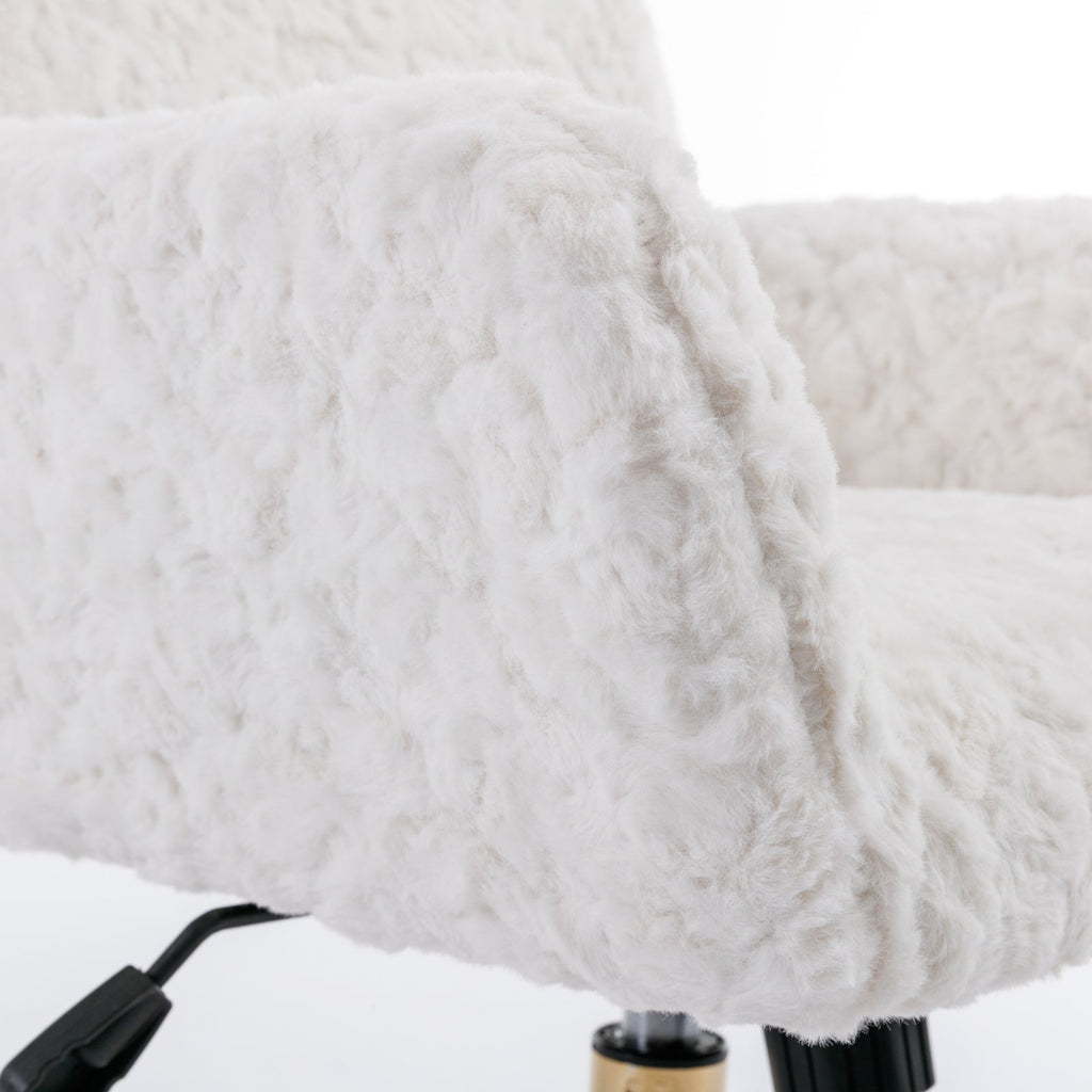 A&A Furniture Artificial Rabbit Hair Office Chair with Golden Metal Base, Adjustable Swivel Vanity Chair, Beige Velvet