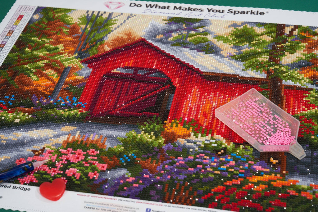 Diamond Art Club – Red Covered Bridge Diamond Painting (Round Drill, 17" x 13")