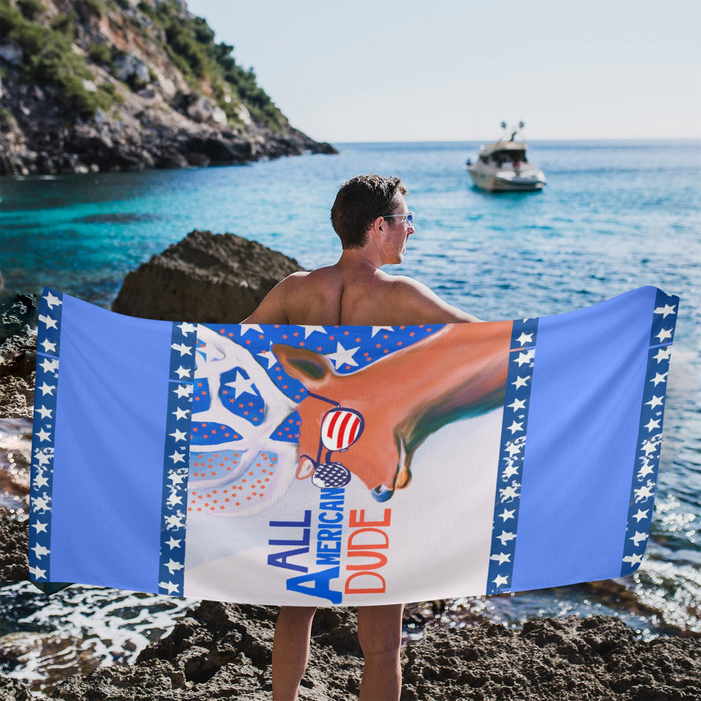 All American Dude with Deer Blue Beach Towel - size 31" x 71"