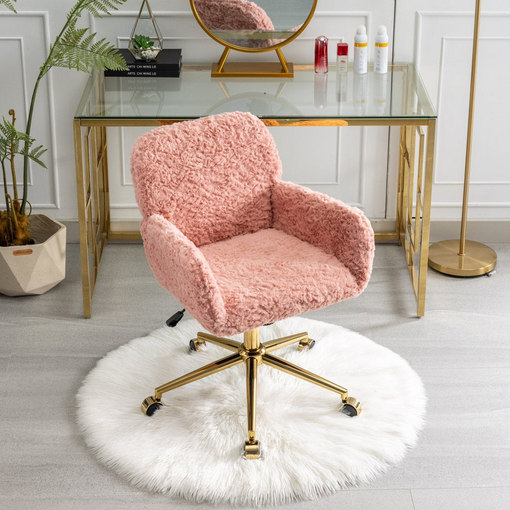 A&A Furniture Office Chair,Artificial rabbit hair Home Office Chair with Golden Metal Base,Adjustable Desk Chair Swivel Office Chair,Vanity Chair(Pink)