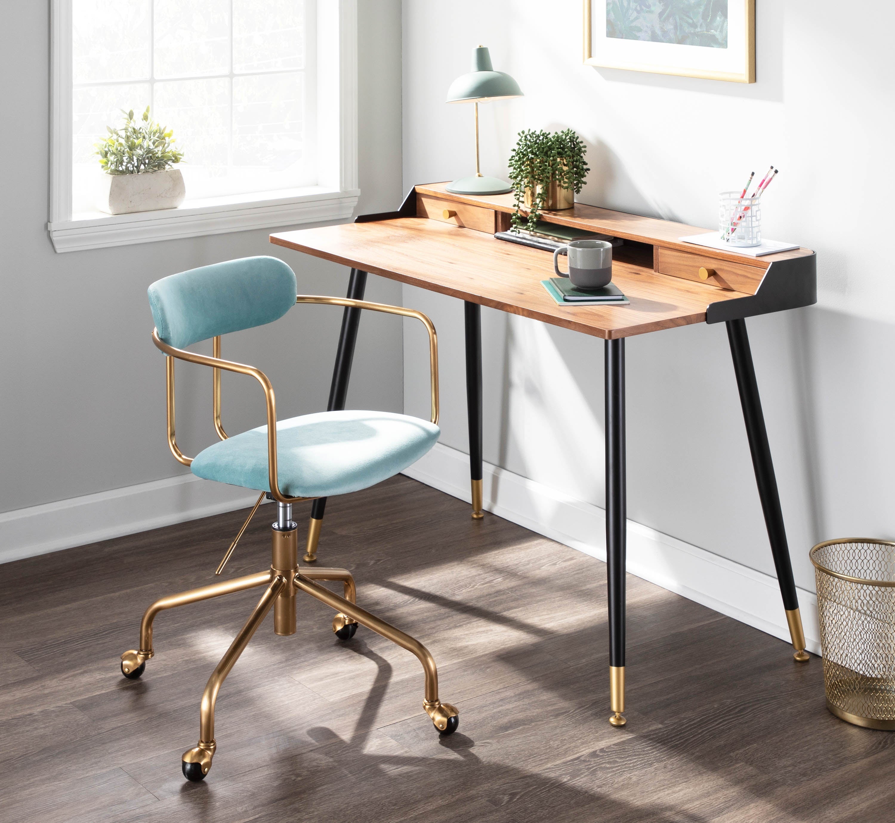 Demi Contemporary Office Chair in Gold Metal and Light Blue Velvet by LumiSource