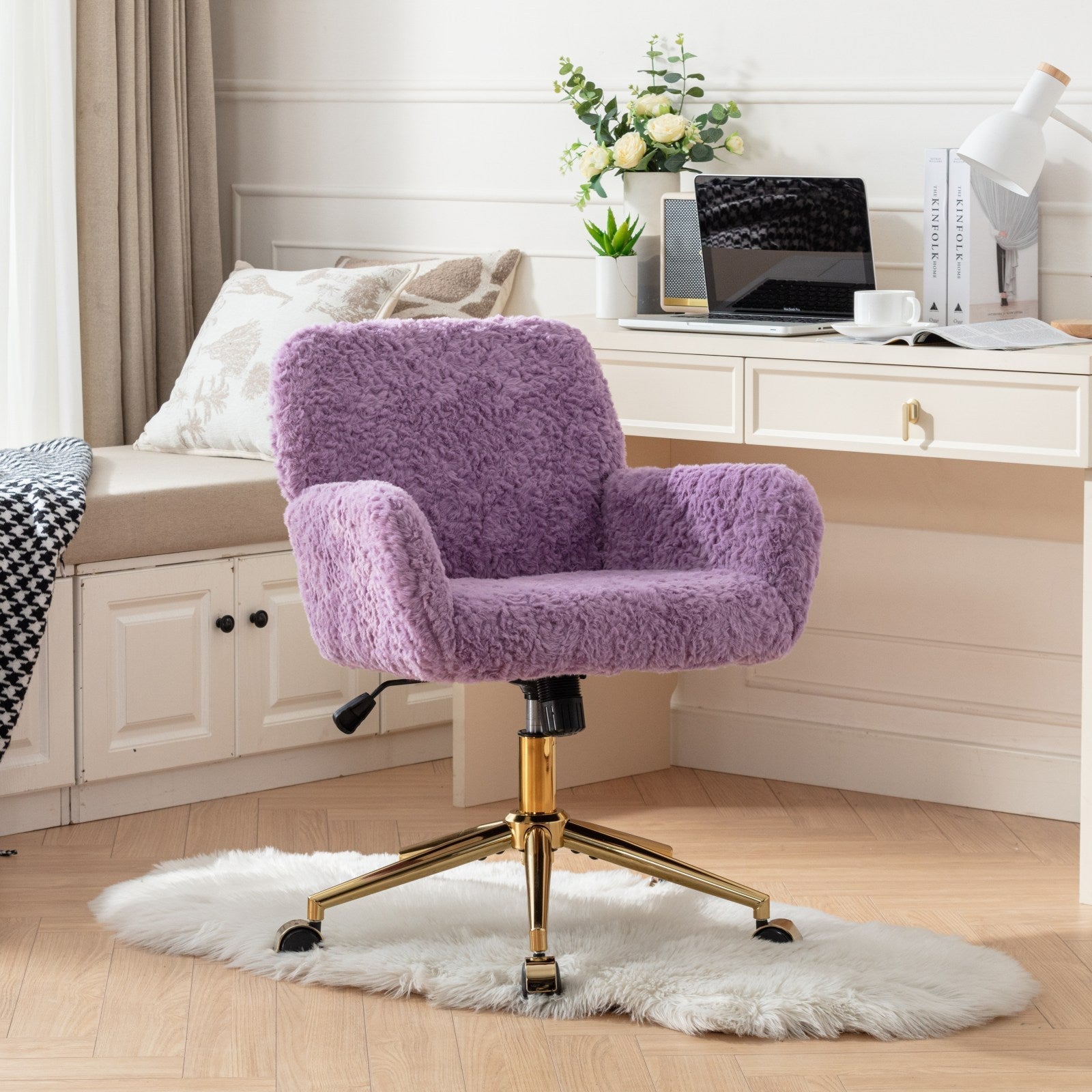 A&A Furniture Home Office Chair Violet Velvet with Golden Metal Base Adjustable Swivel