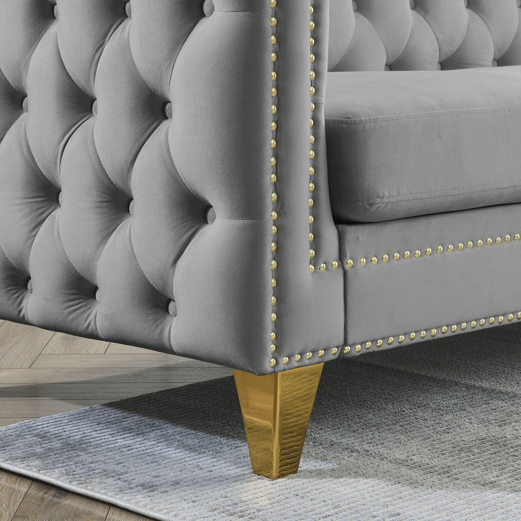 {Contact us for 3D modeling}  Velvet Sofa for Living Room,Buttons Tufted Square Arm Couch, Modern Couch Upholstered Button and Metal Legs, Sofa Couch for Bedroom, Grey Velvet(W834S00020)