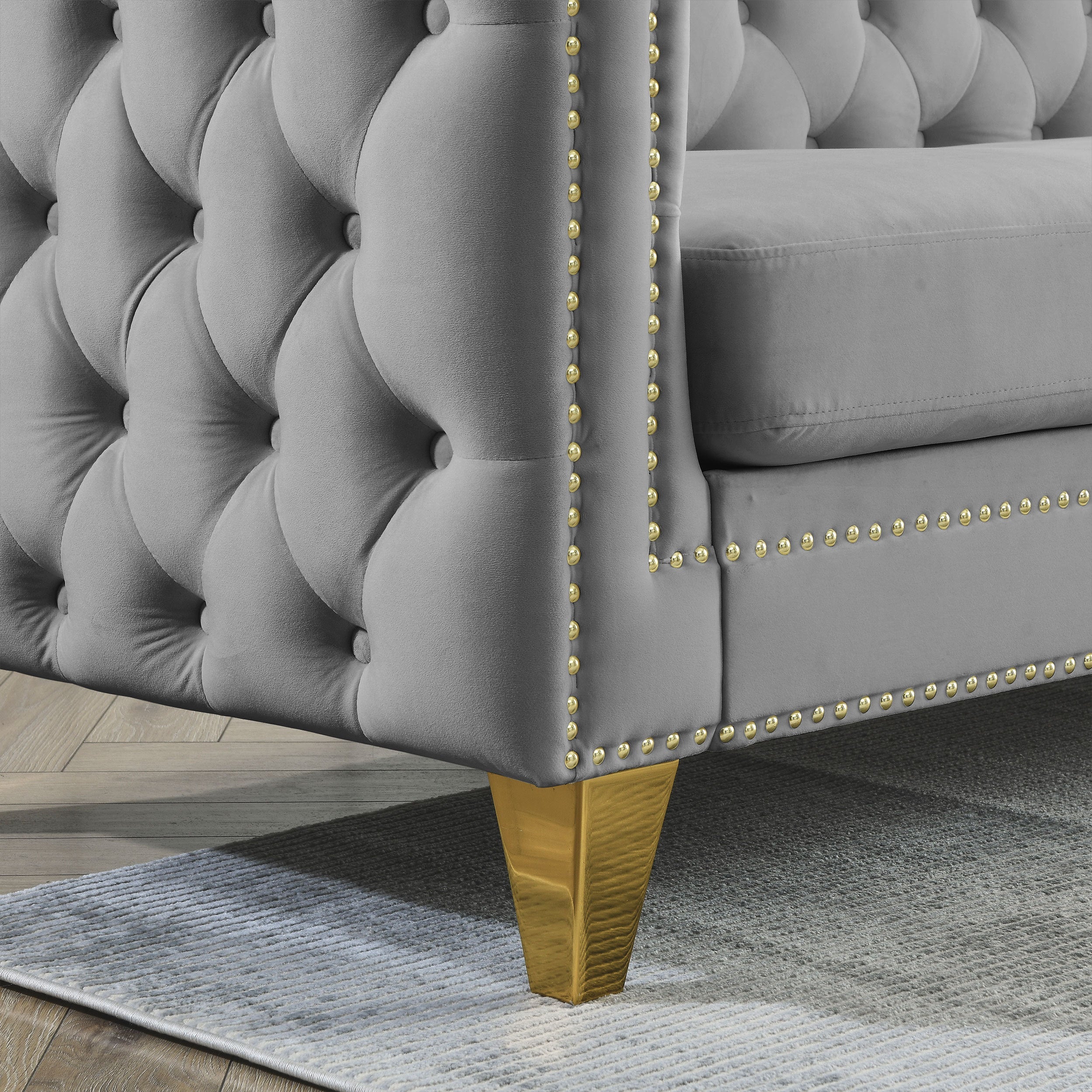 {Contact us for 3D modeling}  Velvet Sofa for Living Room,Buttons Tufted Square Arm Couch, Modern Couch Upholstered Button and Metal Legs, Sofa Couch for Bedroom, Grey Velvet(W834S00020)
