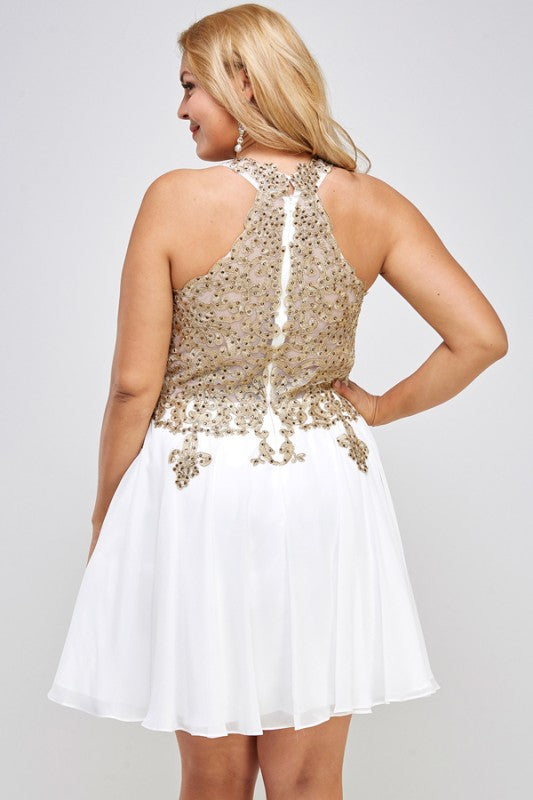 Gold embroidered plus size chiffon dress with built in tulle