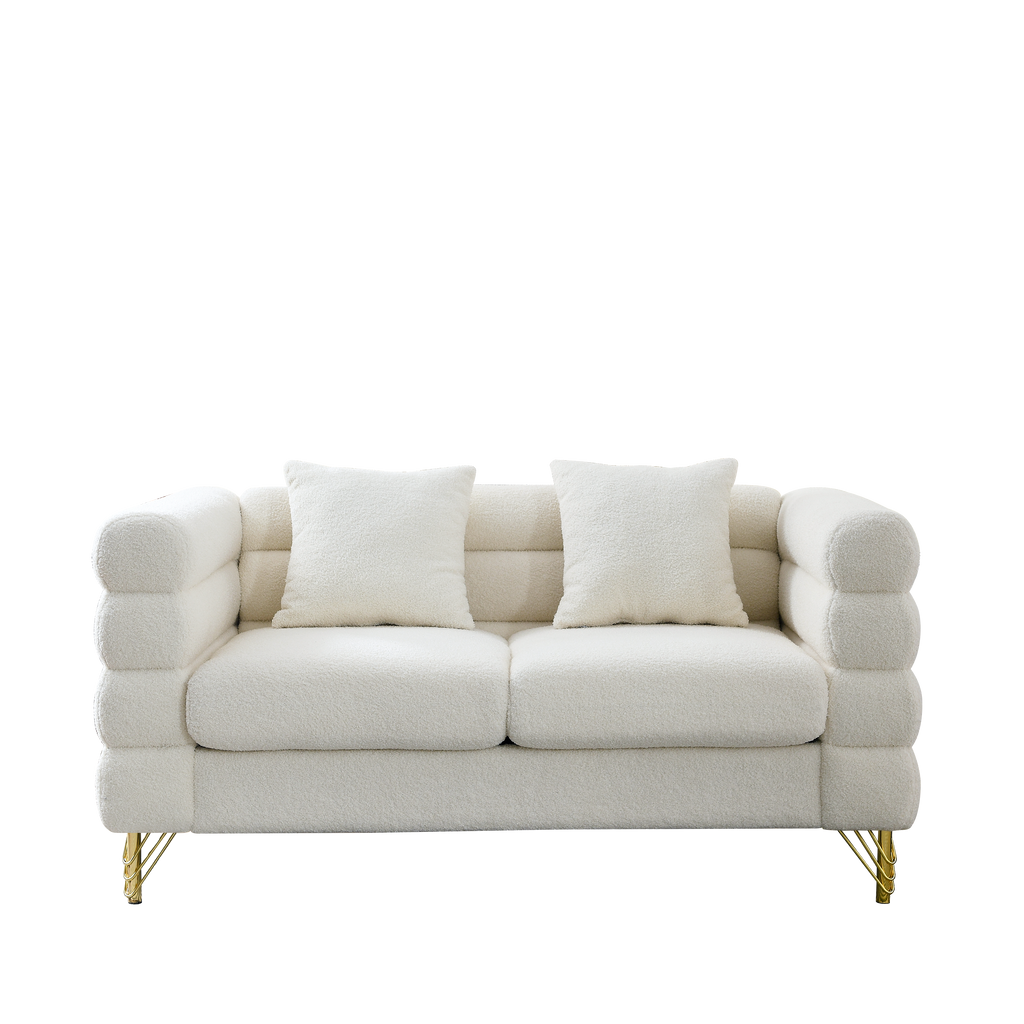 60Inch Oversized 2 Seater Sectional Sofa, Living Room Comfort Fabric Sectional Sofa-Deep Seating Sectional Sofa, Soft Sitting with 2 Pillows for Living Room, Bedroom  White teddy(Ivory)(W834S00029)