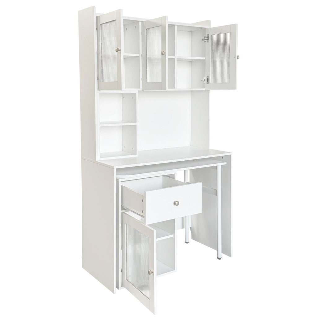 Computer Desk with glass door for Home Office or Study desk,  Bookshelf & Hutch, Computer Desk with 90 Degree Rotating Desktop,Large Working Space