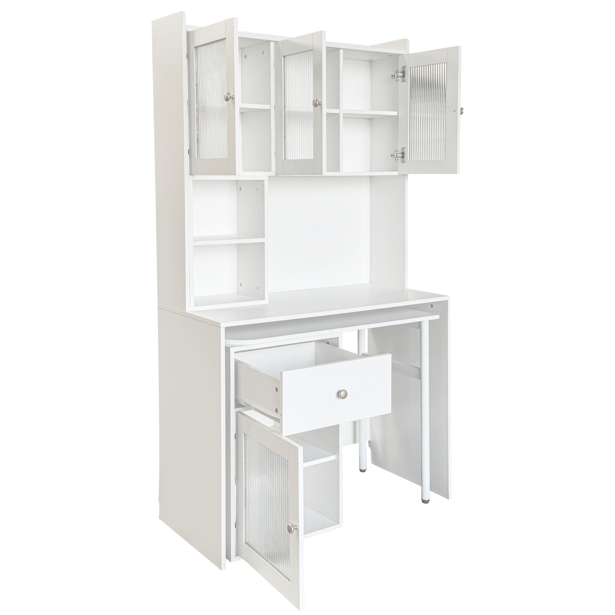 Computer Desk with glass door for Home Office or Study desk,  Bookshelf & Hutch, Computer Desk with 90 Degree Rotating Desktop,Large Working Space