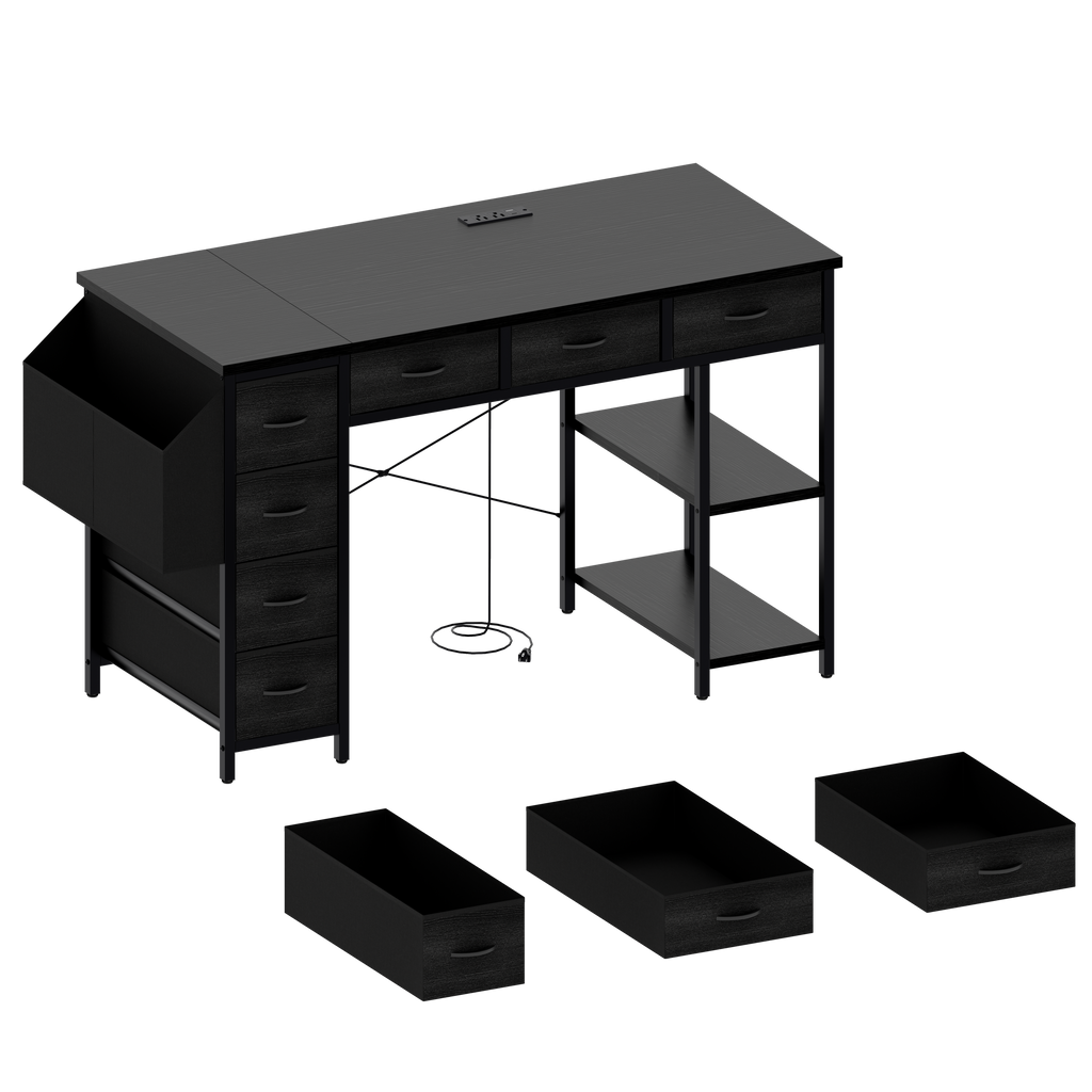 47.3' Computer Desk with 7 Drawers, Extra Large Side Pocket, and Power Outlets – Ideal for Home Office, Study, or Gaming –  Black