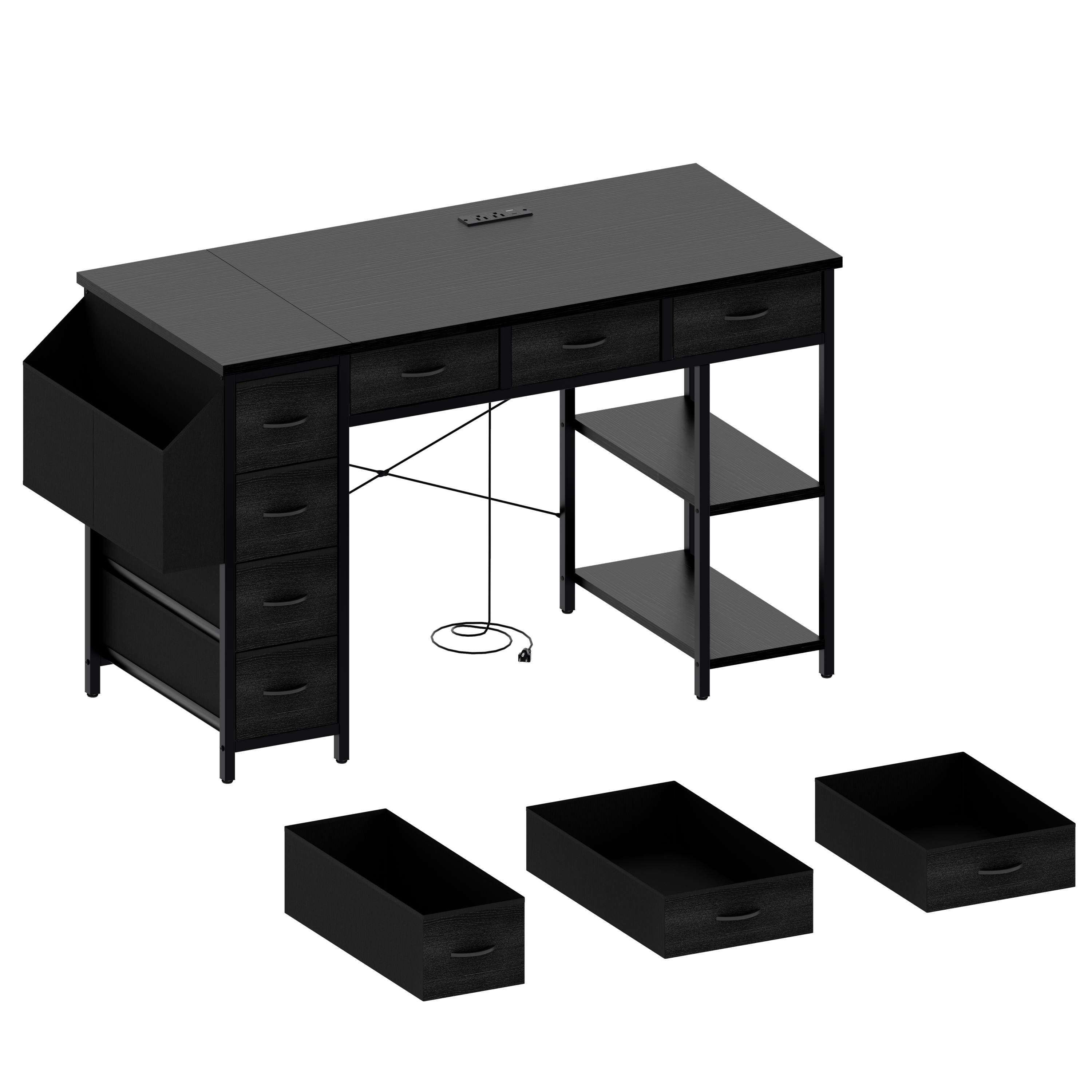 47.3' Computer Desk with 7 Drawers, Extra Large Side Pocket, and Power Outlets – Ideal for Home Office, Study, or Gaming –  Black