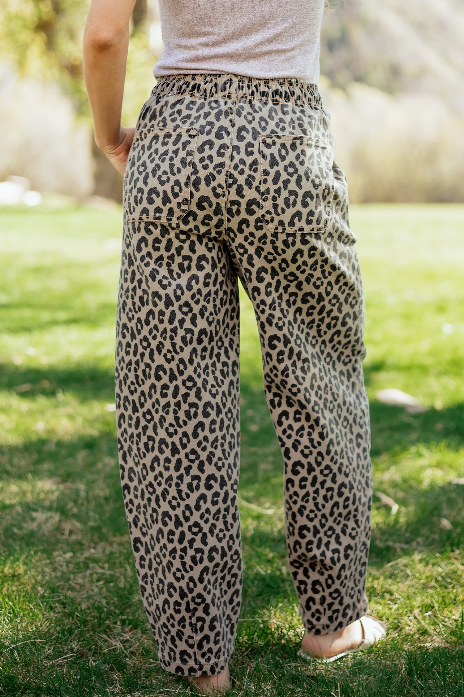 Leopard Denim Drawstring Elastic Waist Loose Pants