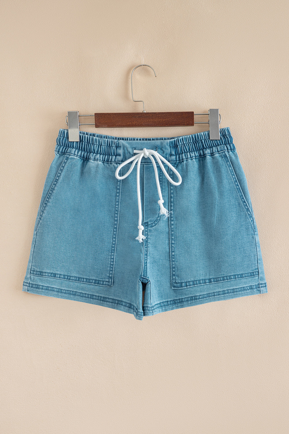 Denim Contrast Drawstring Elastic Waist Shorts