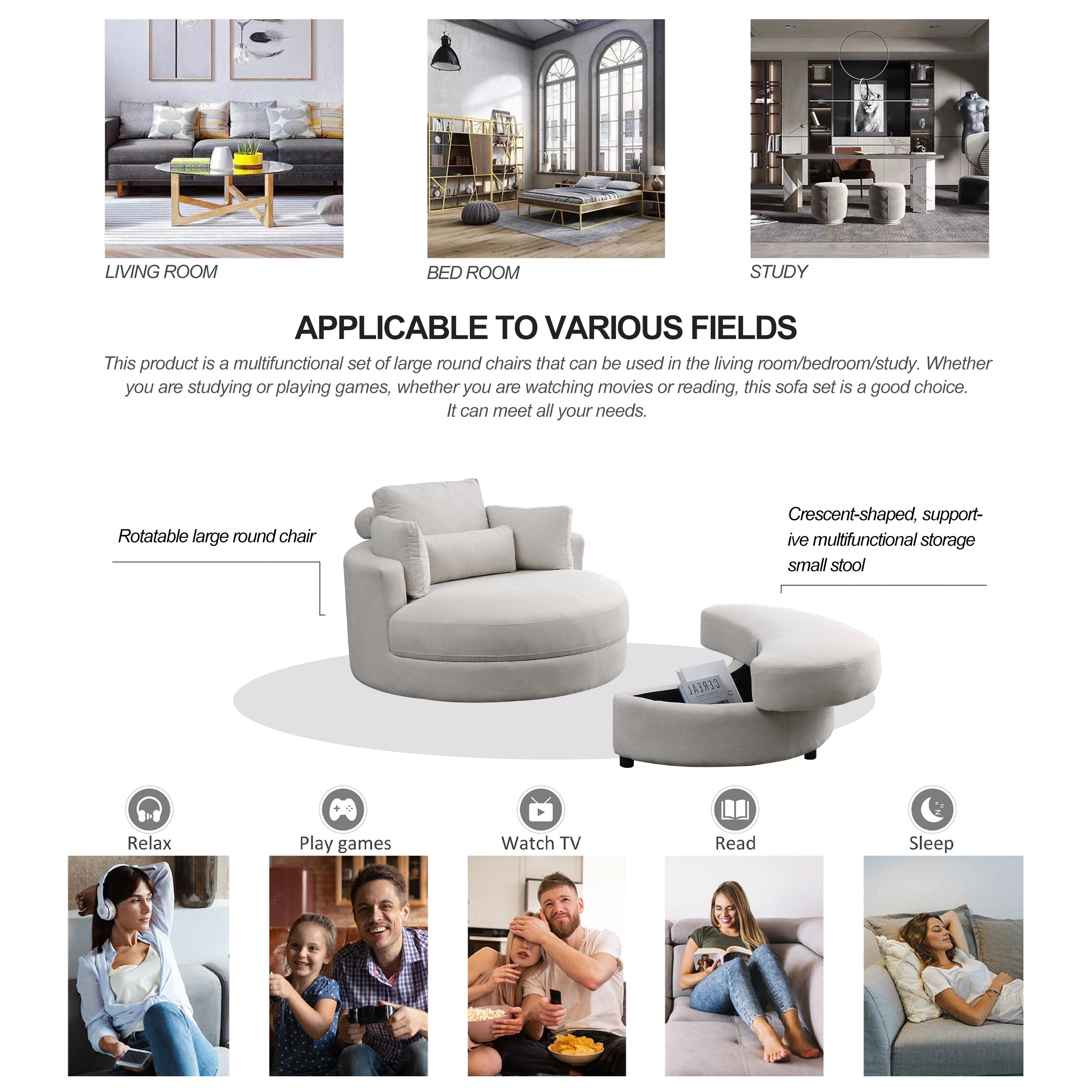 [Video] Welike Swivel Accent Barrel Modern Sofa Lounge Club Big Round Chair with Storage Ottoman Linen Fabric for Living Room Hotel with Pillows