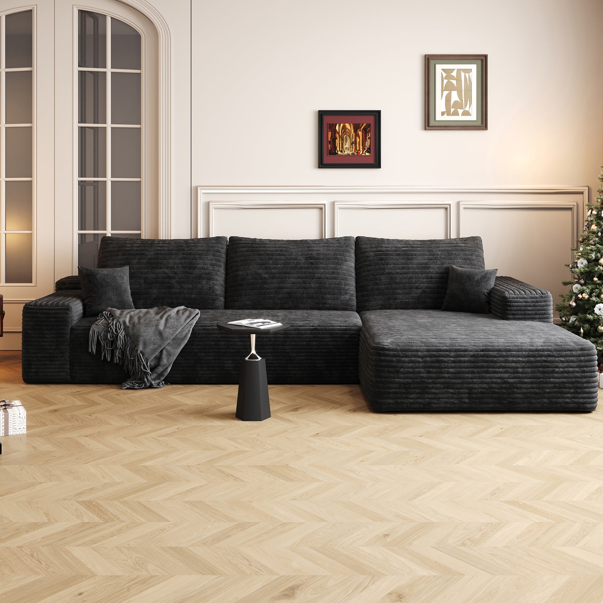 107' Cloud Sectional Couch with L-Shape Chaise,Modern Modular Sofa with Deep Seat, Upholstered Couches for Living Room Bedroom,No Assembly Required, BLACK(Plush Corduroy Fabric)